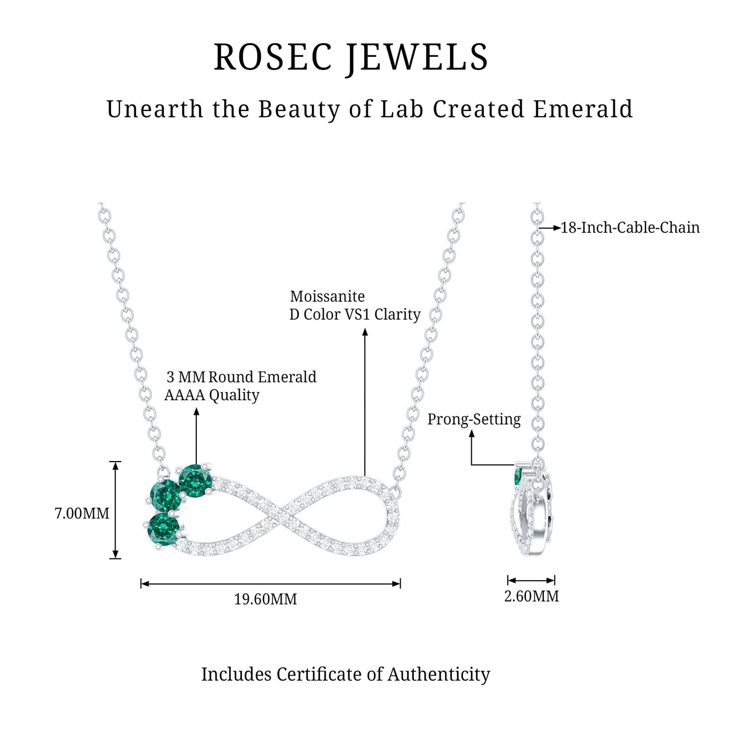 Lab Created Emerald and Moissanite Infinity Necklace with Chain