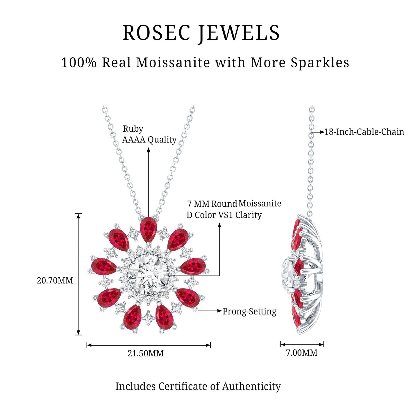 Certified 1.3 Carat Moissanite Statement Flower Necklace with Lab Grown Ruby