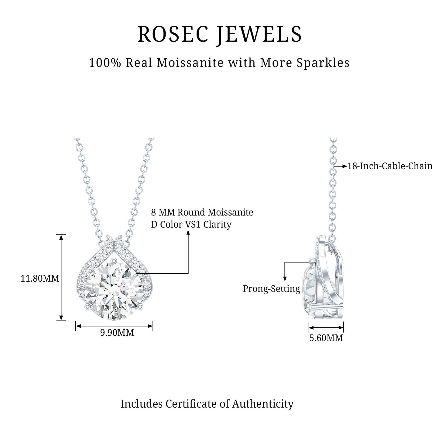 Certified 2 Carat Moissanite Pendant Necklace with Silver Chain