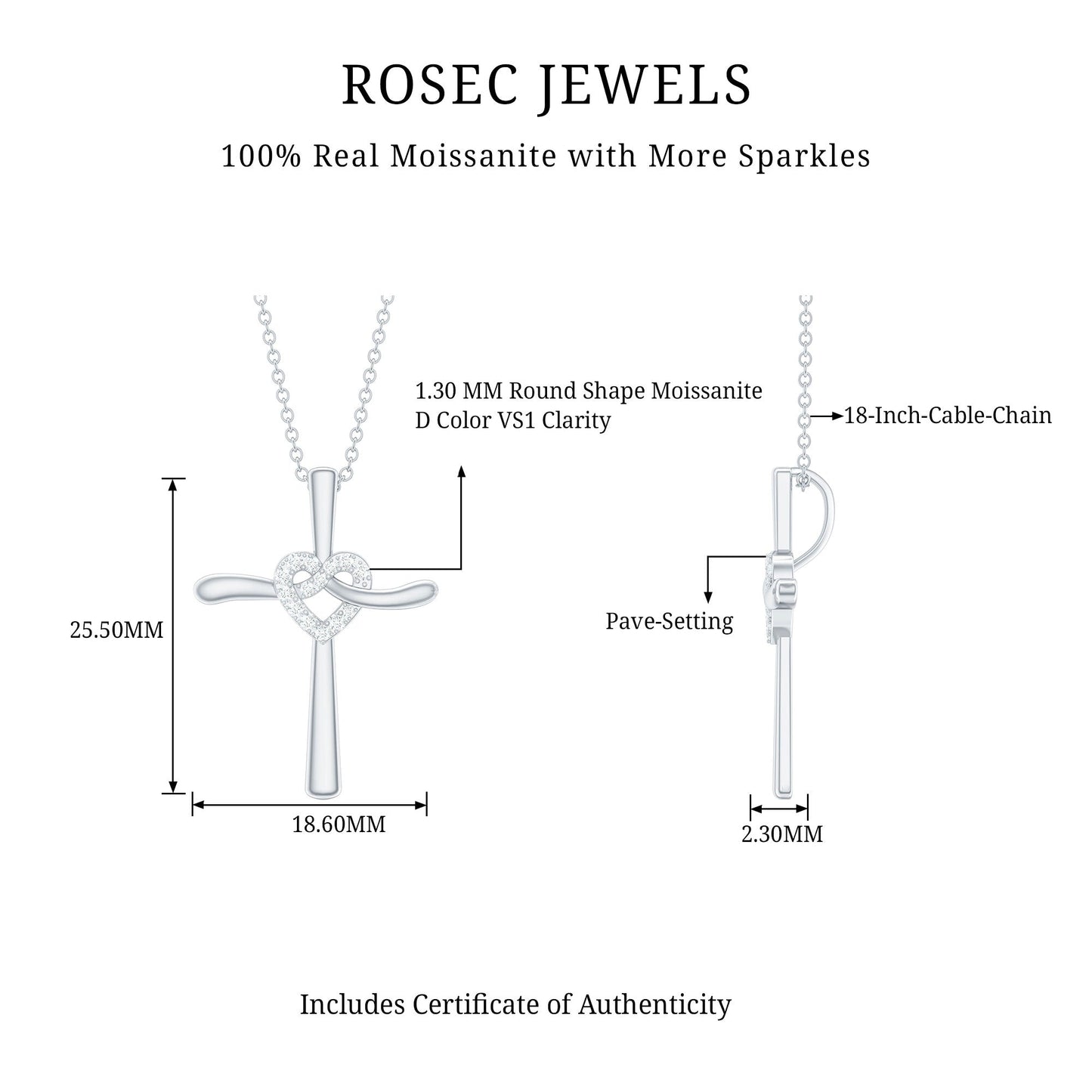 Certified Moissanite Cross Heart Pendant Necklace with Silver Chain