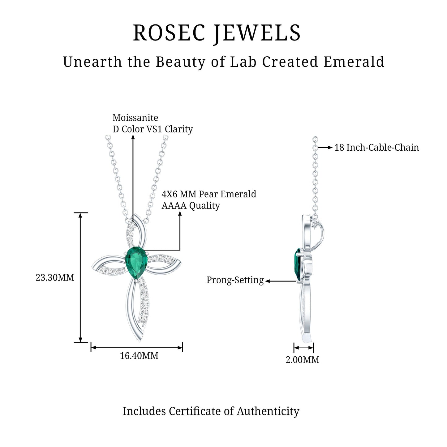 Pear Shape Lab Emerald Cross Locket with Silver Chain