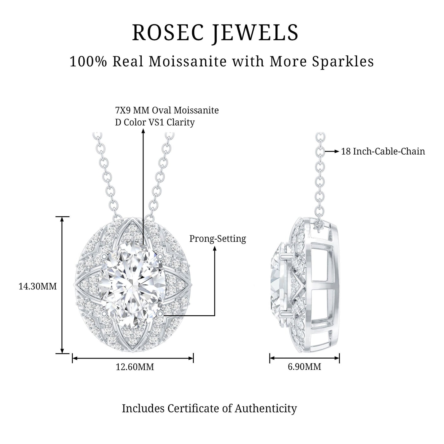 Art Deco Style 2 Carat Moissanite Designer Necklace with Silver Chain