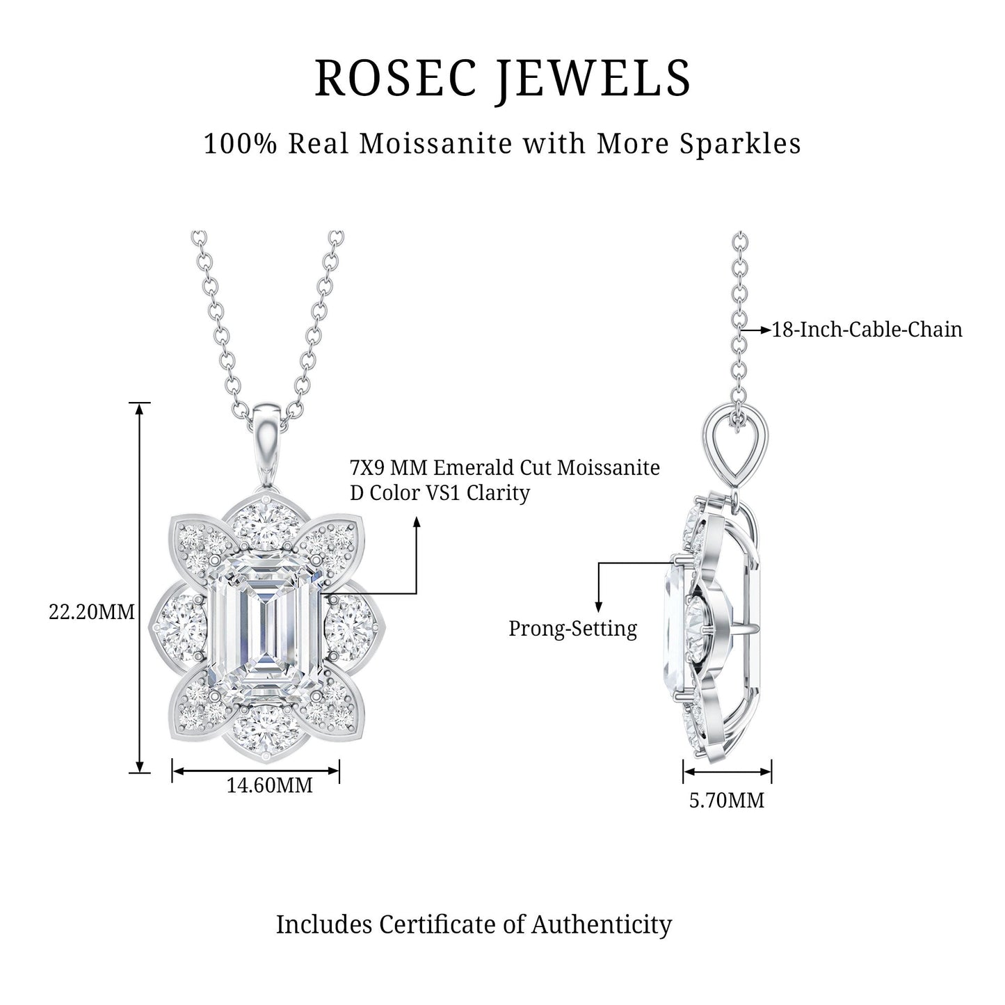 Certified 2.8 Carat Emerald Cut Moissanite Designer Necklace With Silver Chain