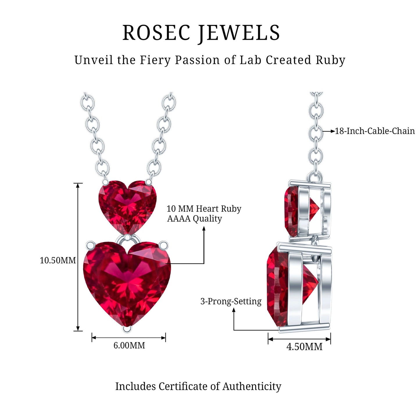 Certified 5.5 Carat Lab Created Ruby Heart Necklace with Silver Chain