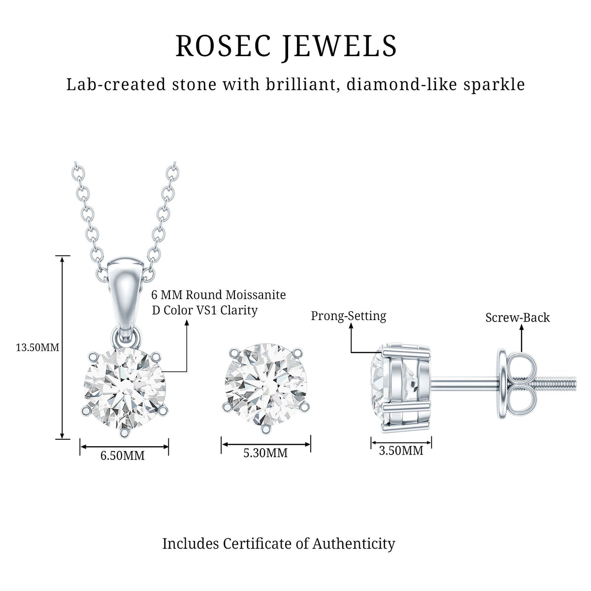 Certified Round Shape Moissanite Solitaire Jewelry Set
