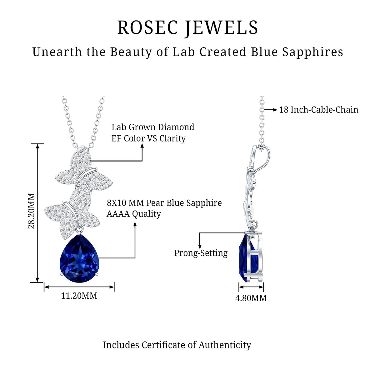 Lab Grown Blue Sapphire Butterflies Pendant Necklace with Diamond