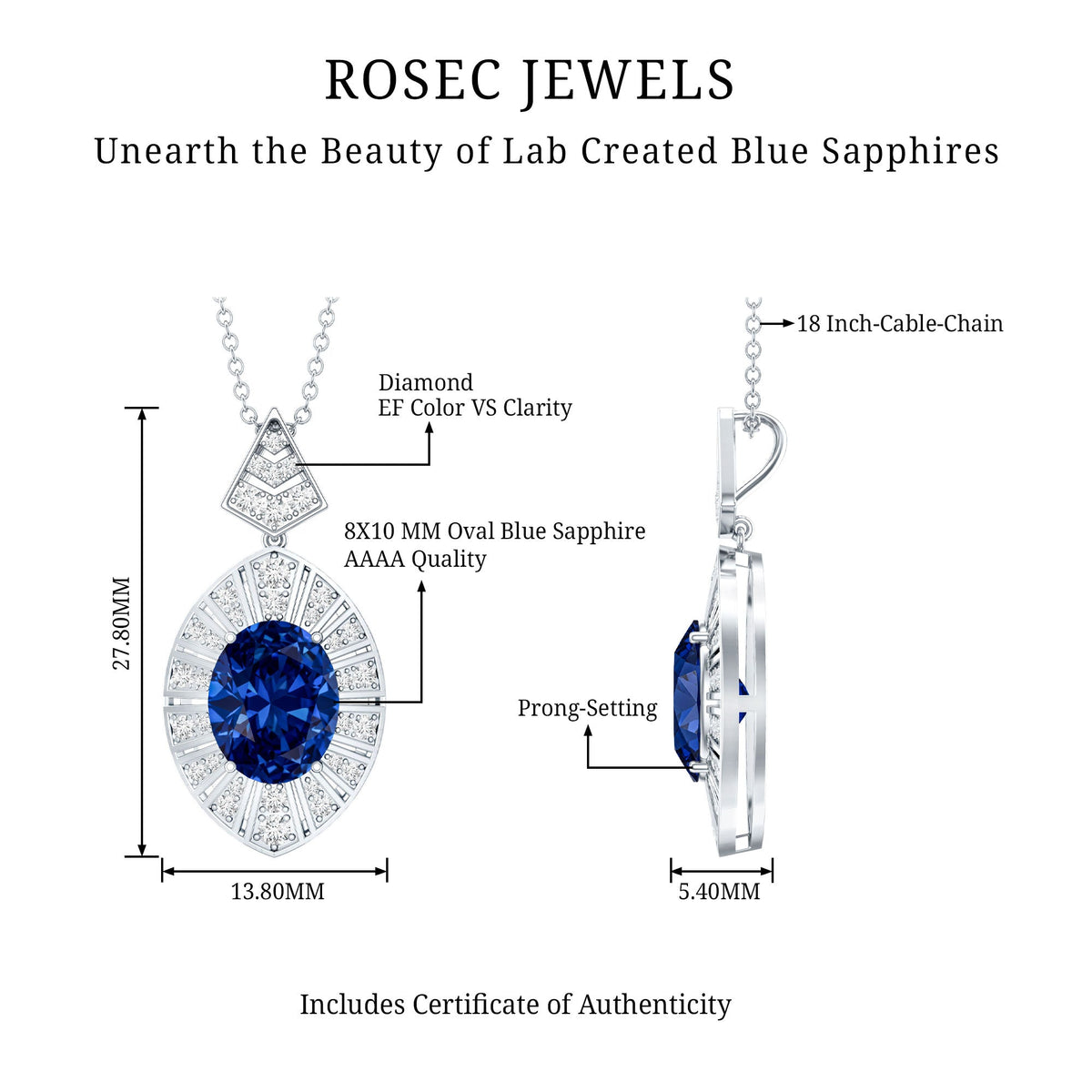 Lab Grown Blue Sapphire Art Deco Necklace with Diamond Accent