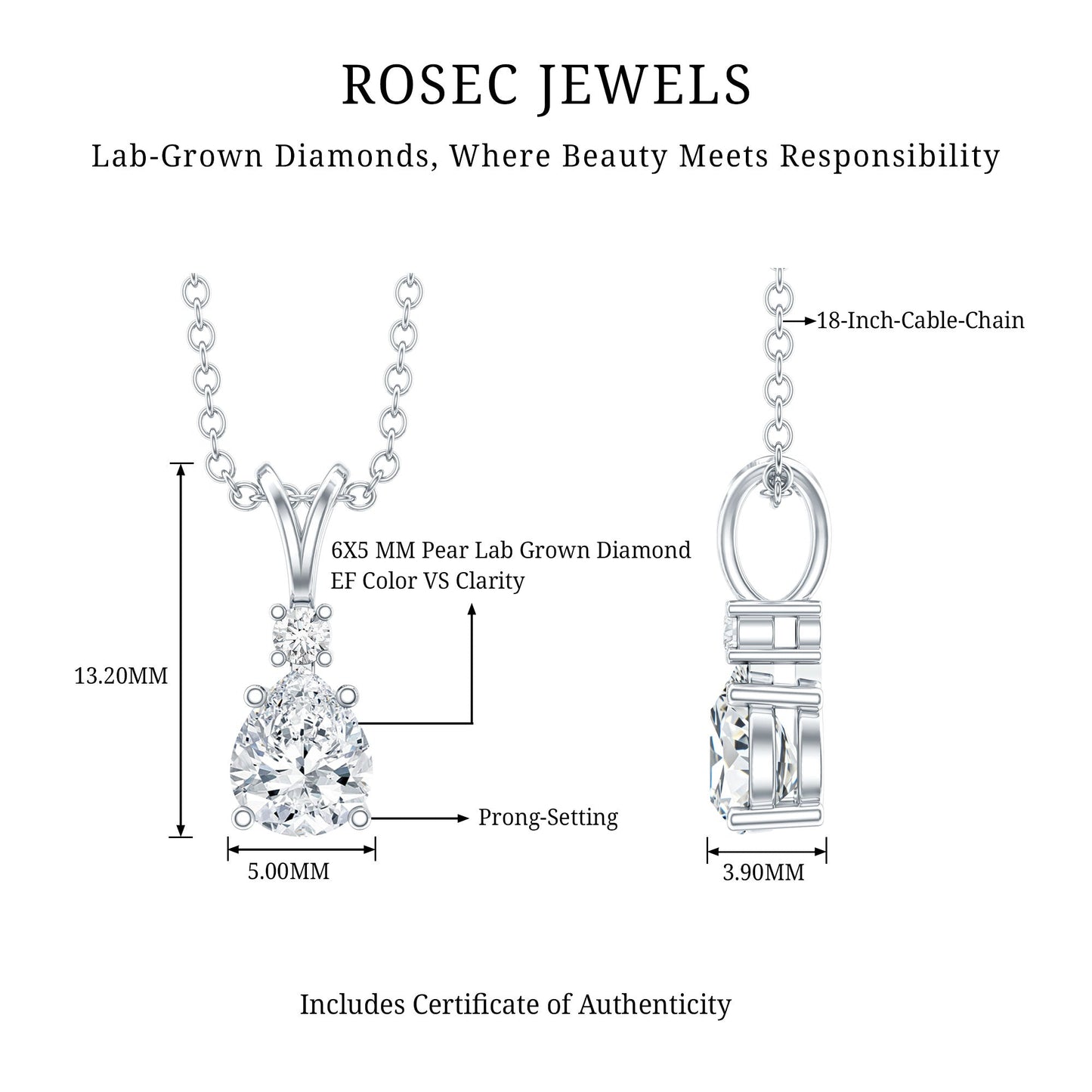 6X5mm Pear Lab Grown Diamond Teardrop Necklace With Silver Chain
