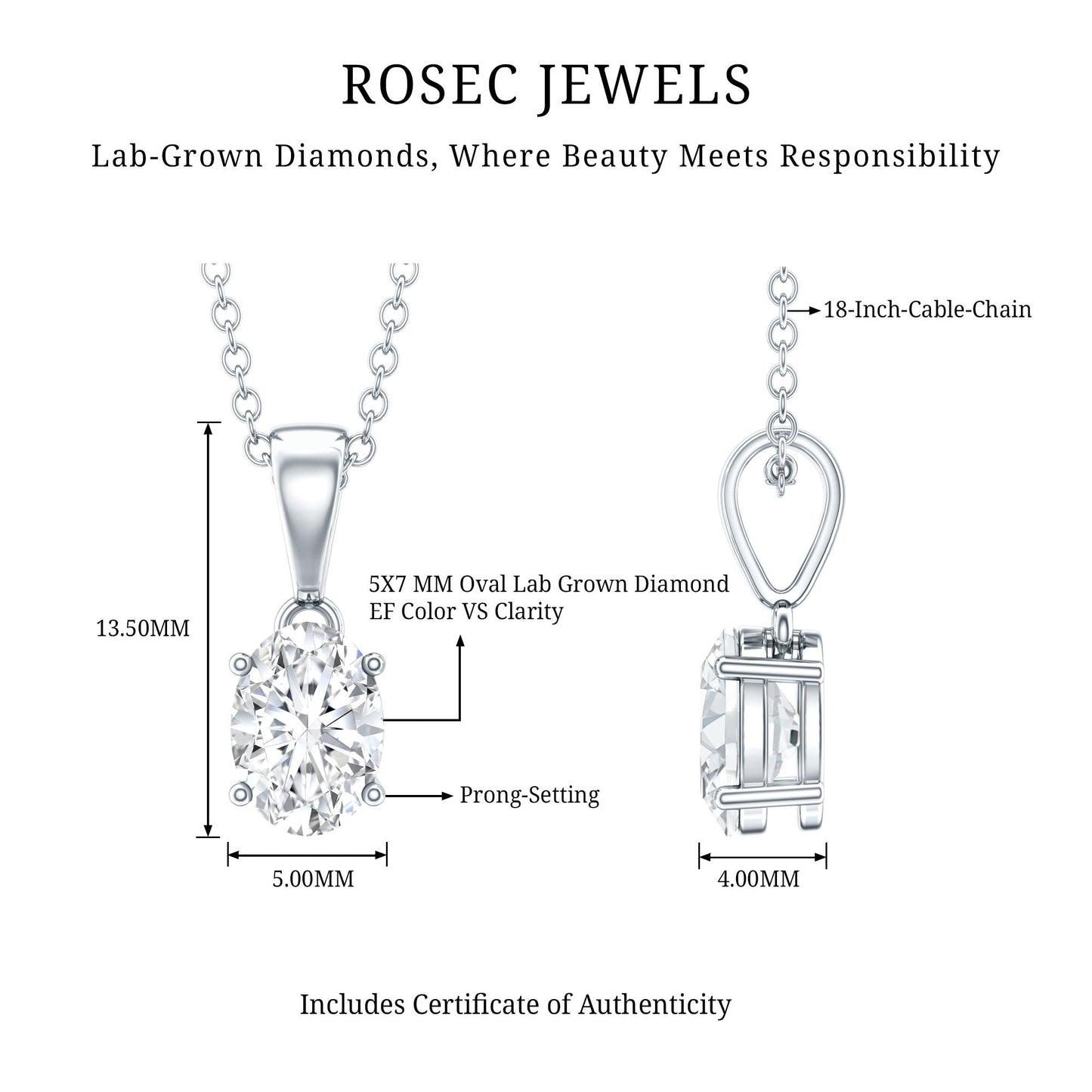 0.75 Carat Oval Lab Grown Diamond Solitaire Necklace with Silver Chain