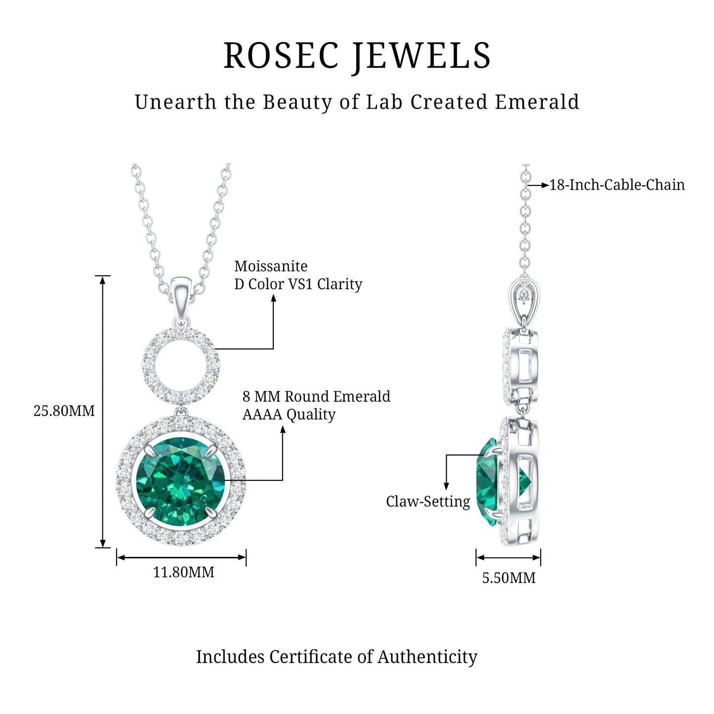 Certified Lab Created Emerald Wedding Necklace with Chain