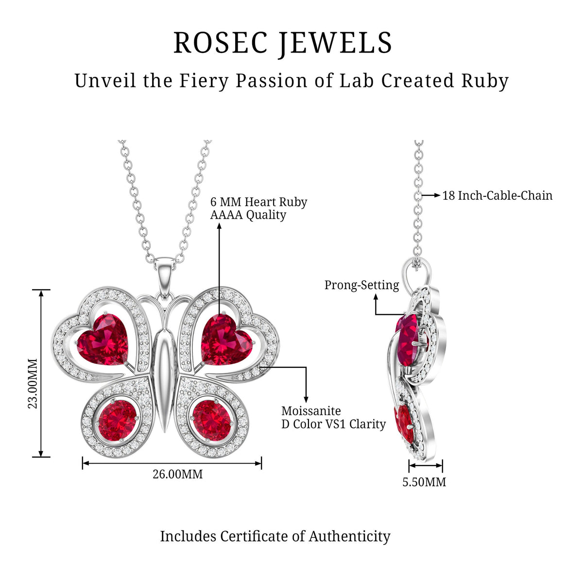 Certified Created Ruby Butterfly Pendant Necklace with Moissanite