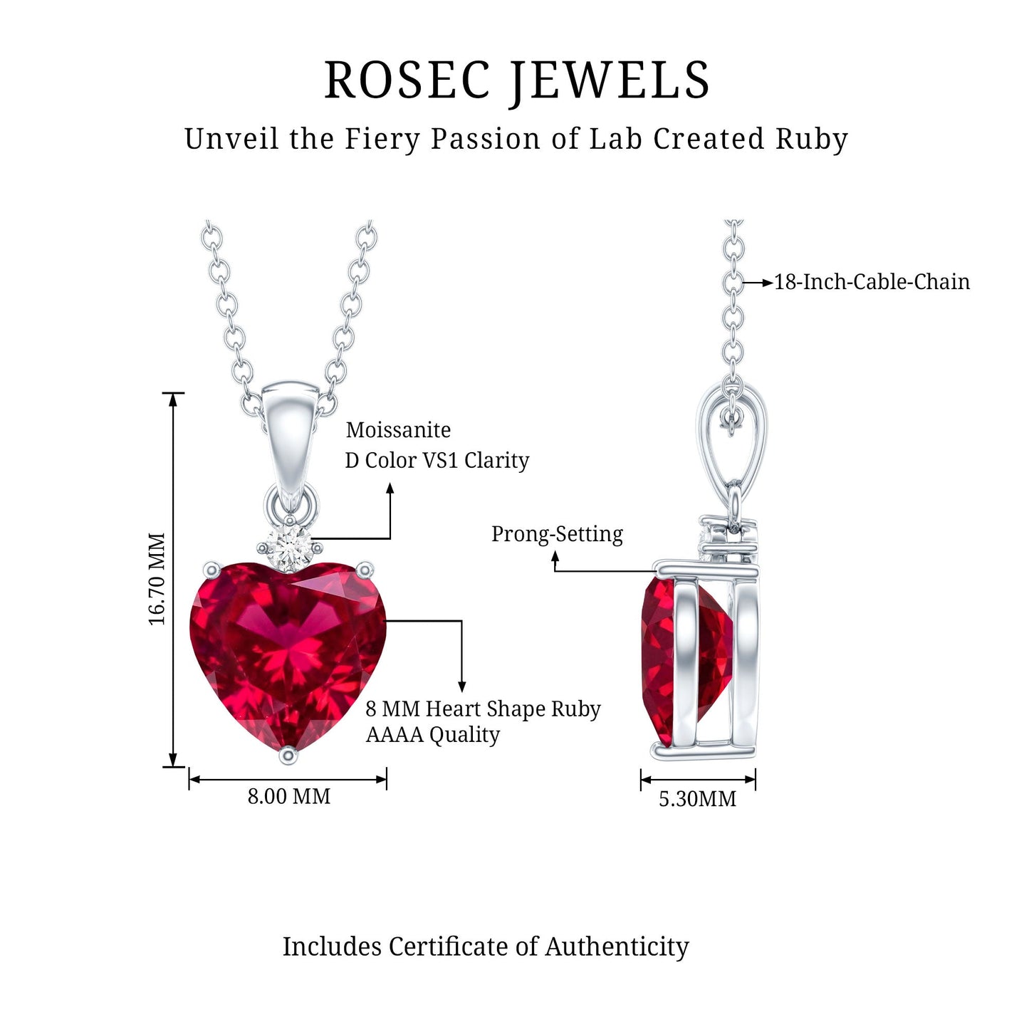 2 CT Lab Grown Ruby Heart Pendant Necklace with Moissanite