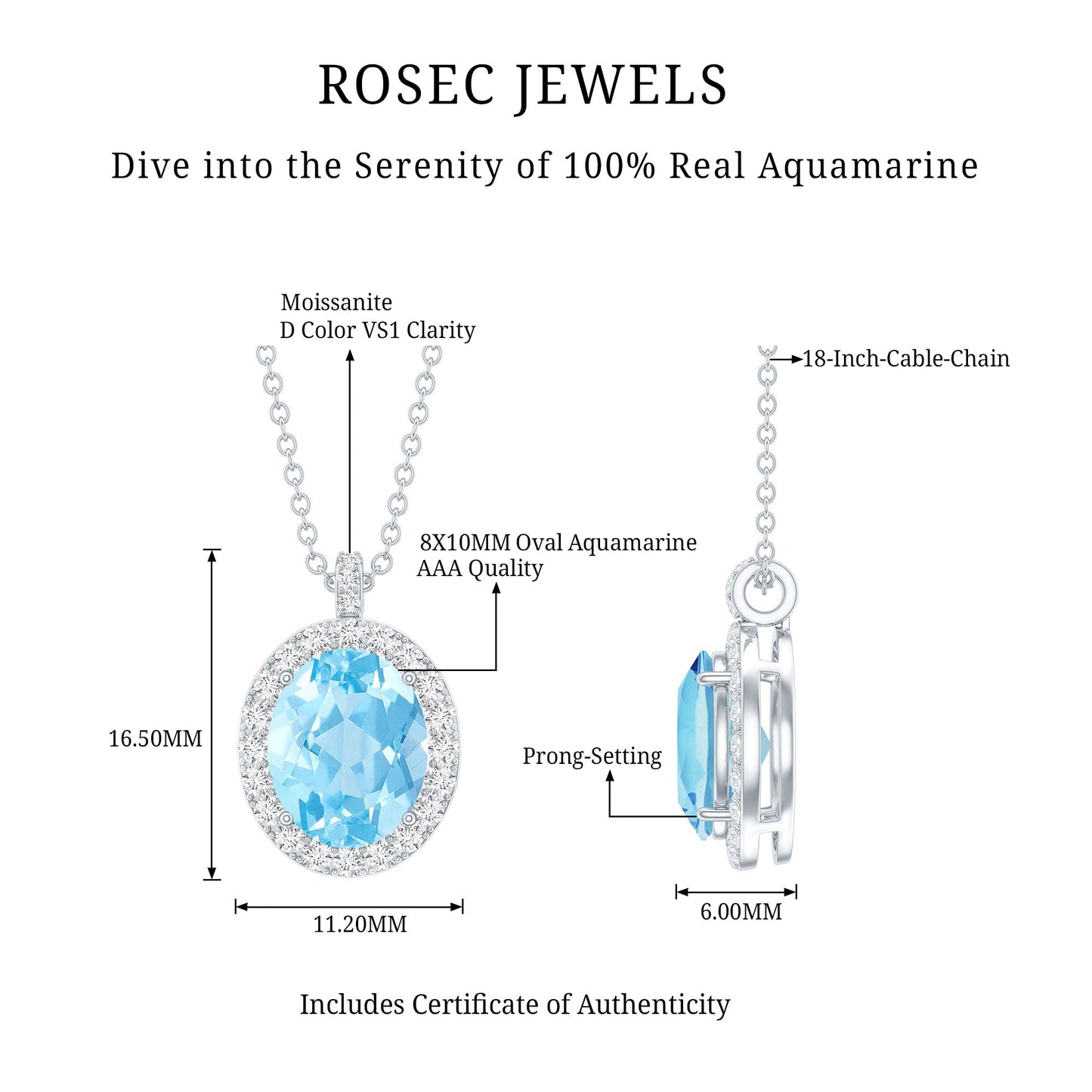 Genuine 2.5 Carat Oval Shaped Aquamarine Statement Necklace With Silver Chain