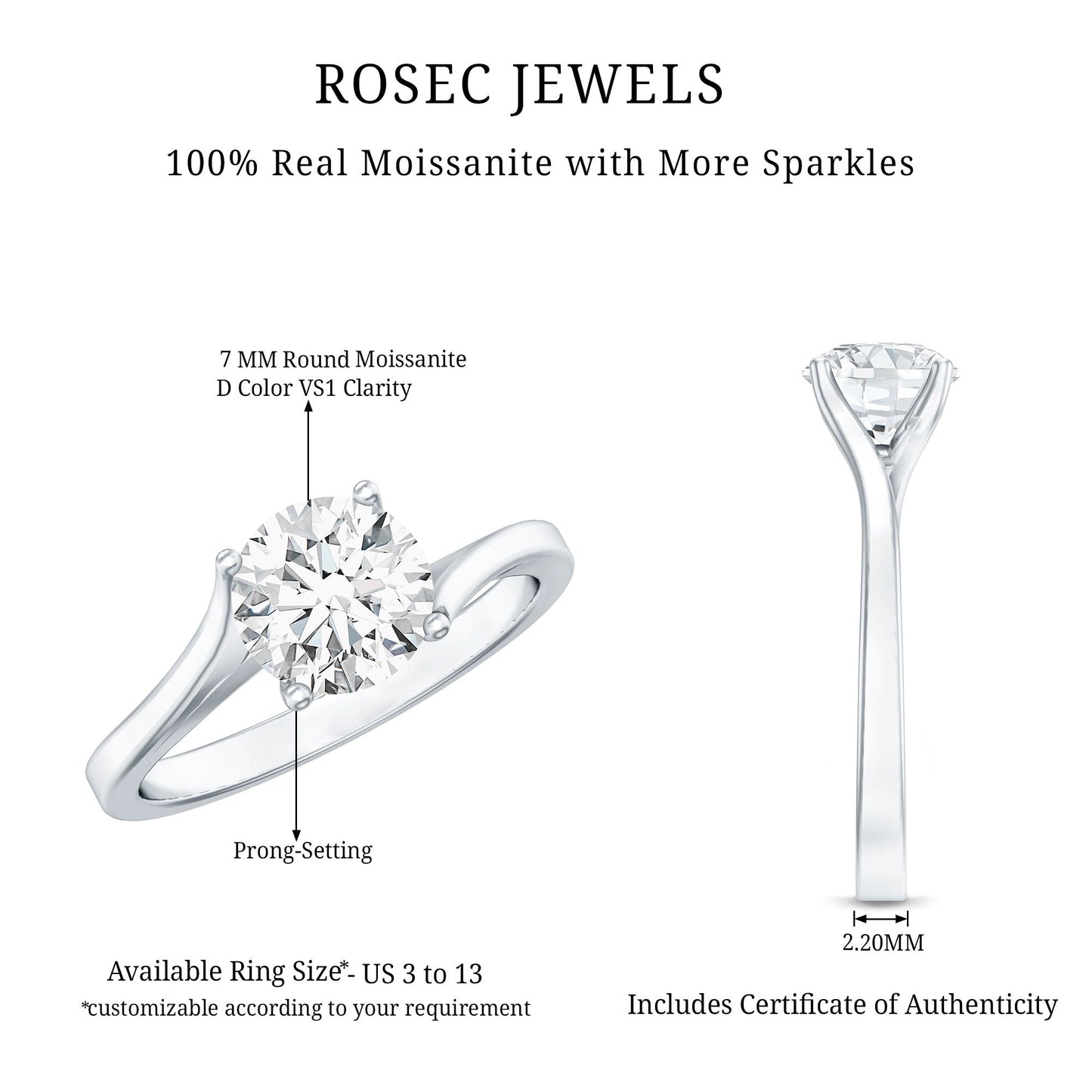 Certified Solitaire Moissanite Bypass Engagement Ring