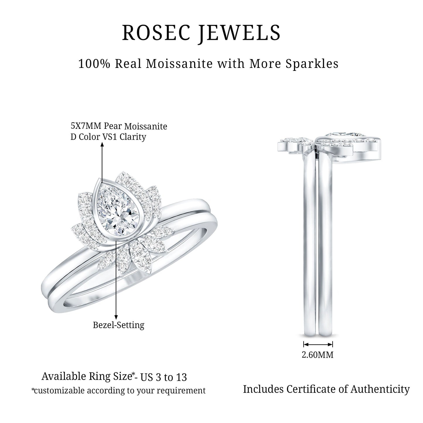 Certified Moissanite Lotus Flower Bridal Ring Set