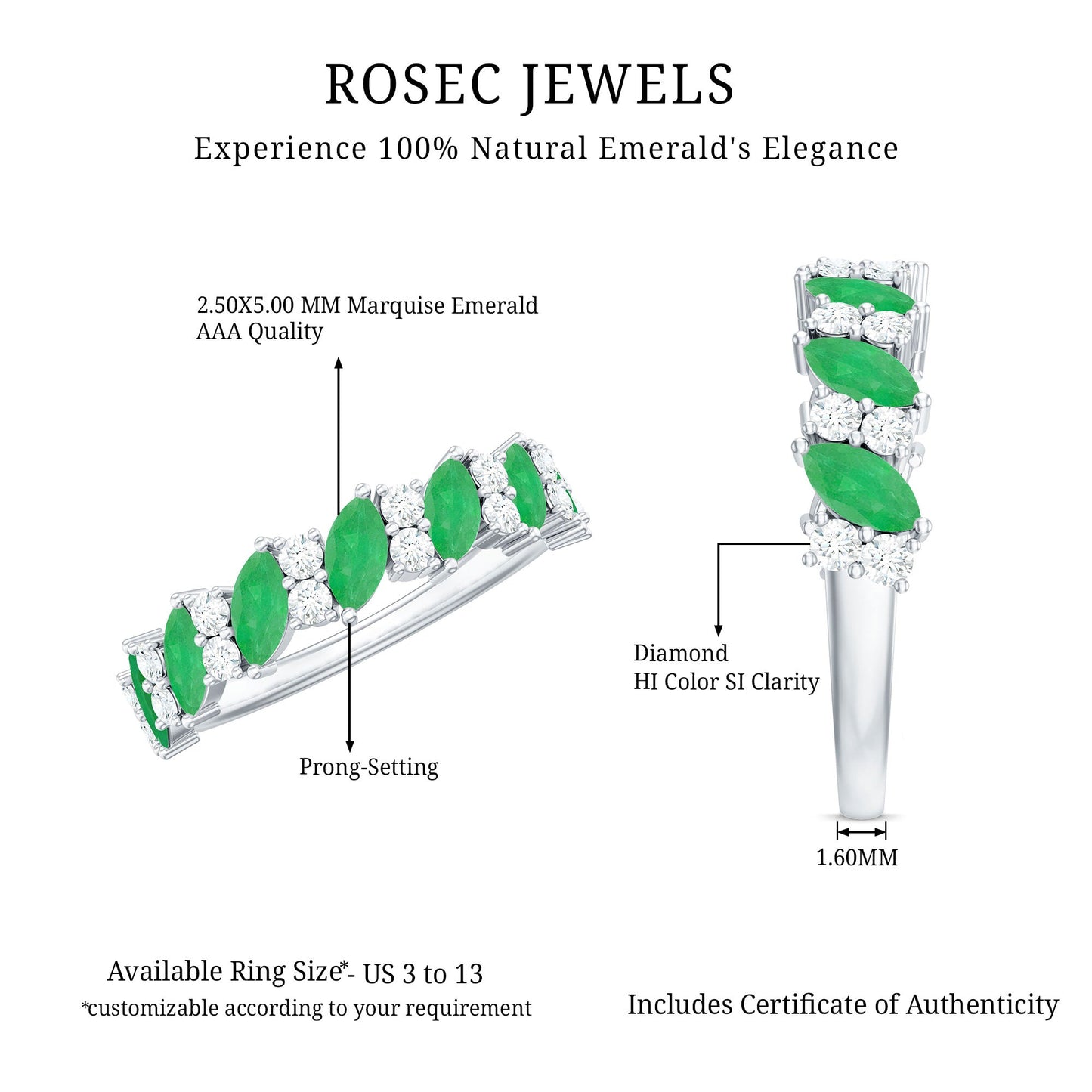 Natural Emerald Diamond Half Eternity Band Ring for Anniversary