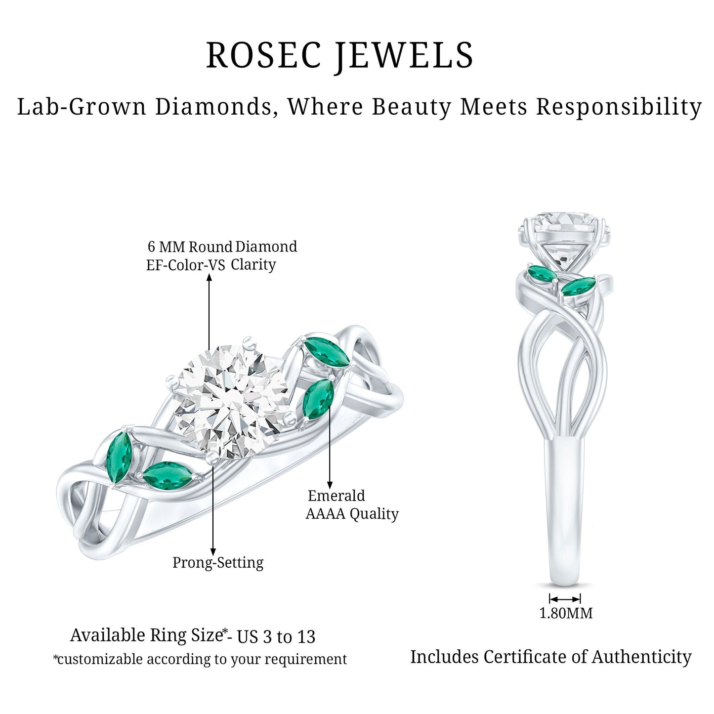 Lab Grown Diamond Engagement Ring With Emerald