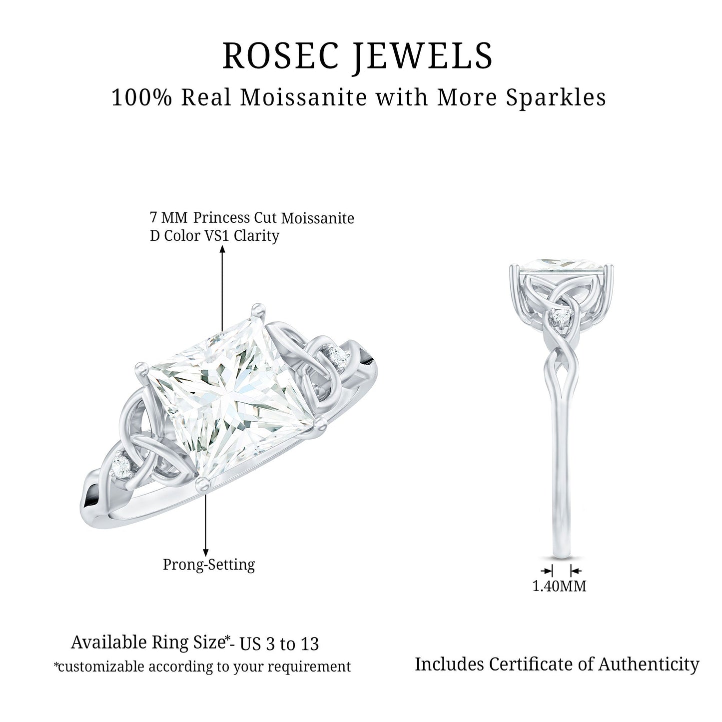 3 Carat Princess Cut Moissanite Solitaire Engagement Celtic Ring