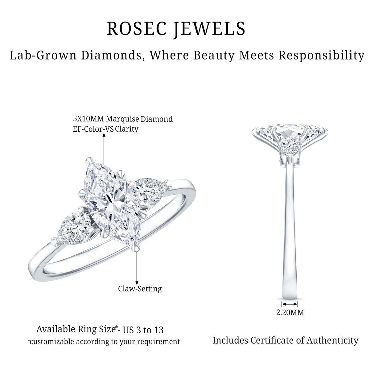 Certified Lab Grown Diamond Three Stone Engagement Ring for Women