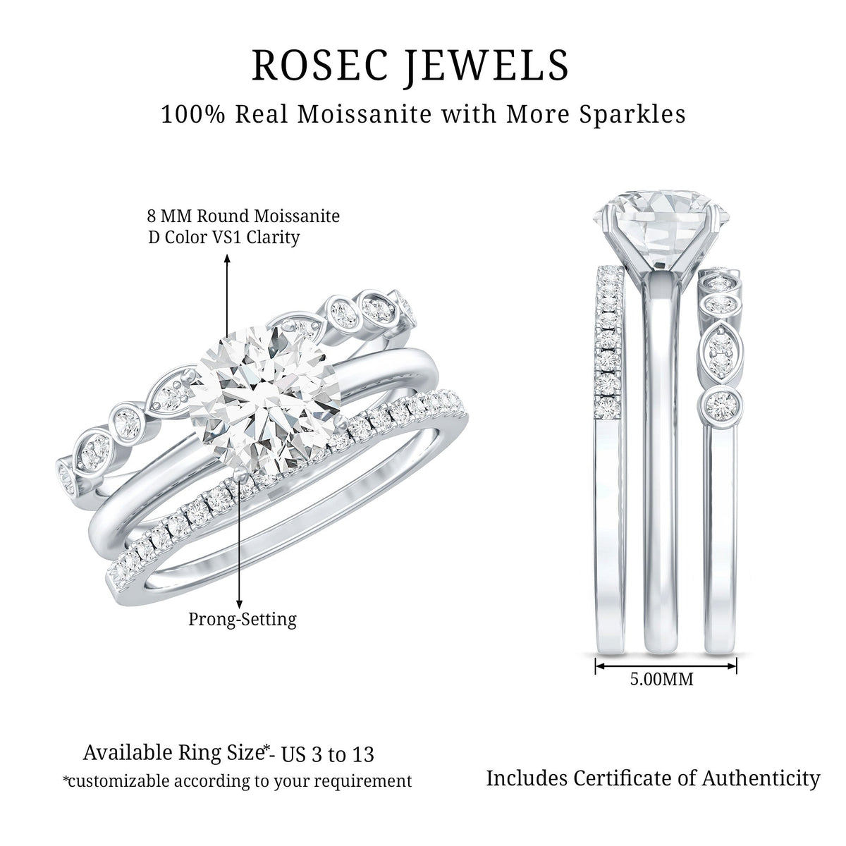 2.66 Carat Round Moissanite Solitaire Trio Wedding Ring Set