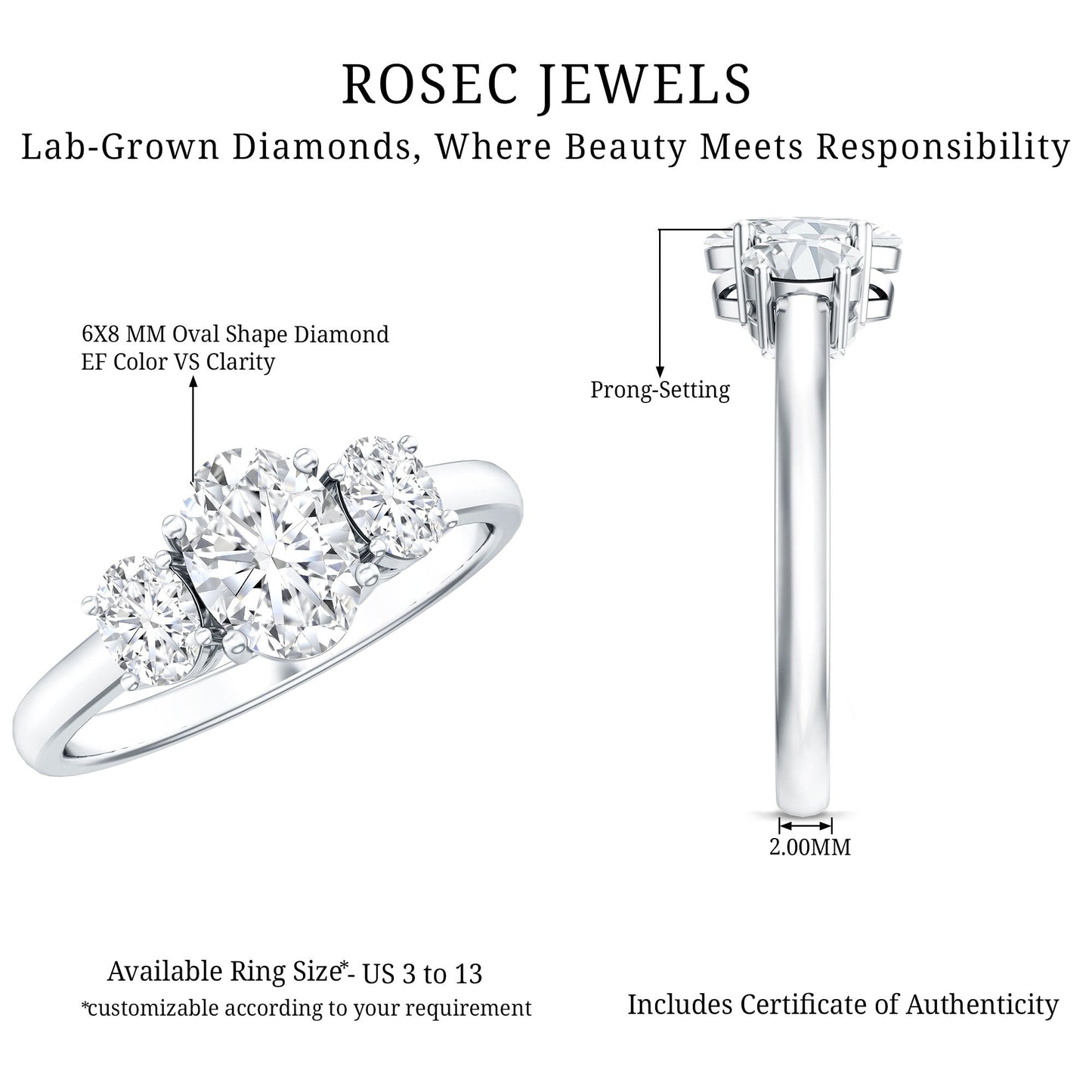 Certified Lab Grown Diamond 3 Stone Engagement Ring For Women