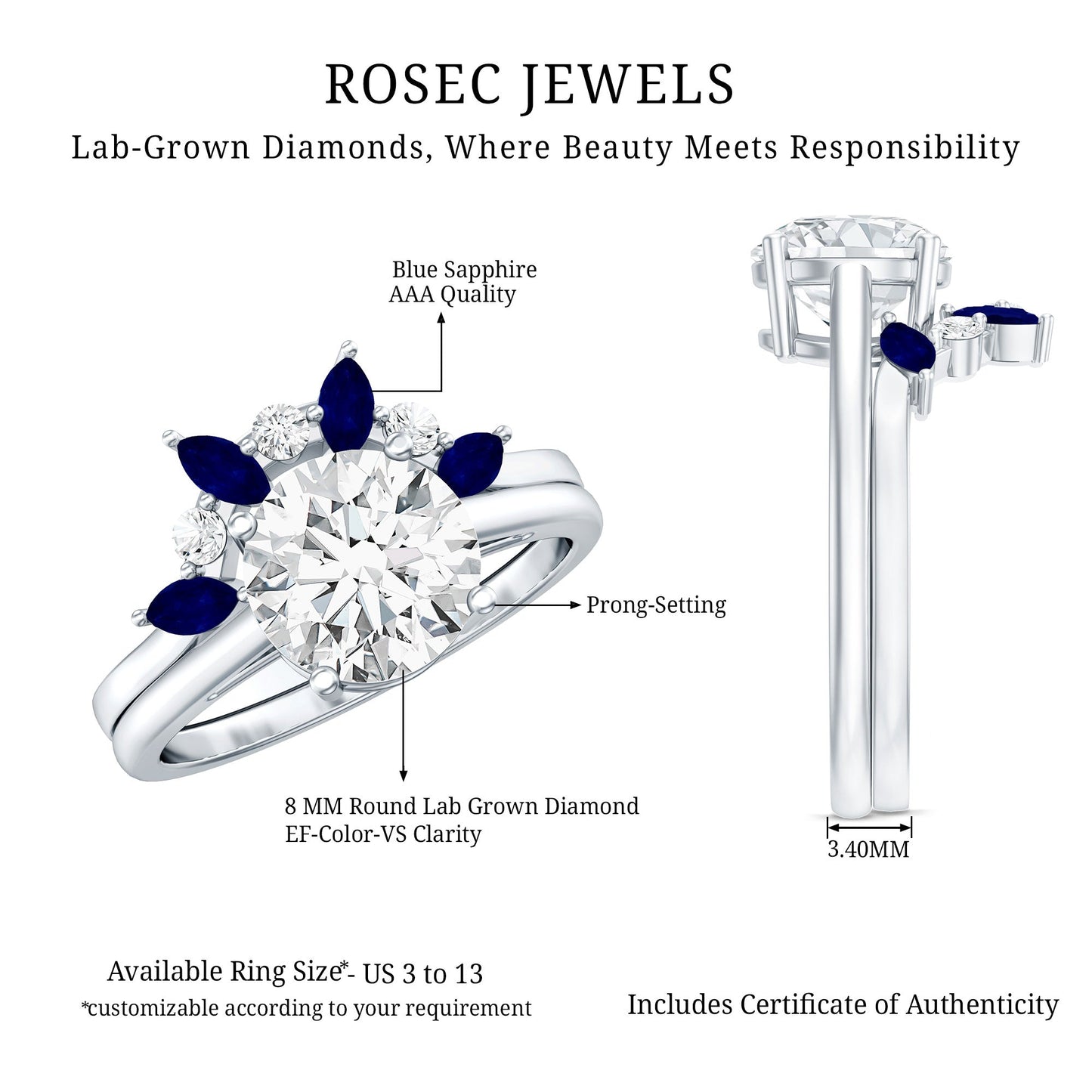 Certified Lab Grown Diamond Designer Engagement Ring Set With Sapphire