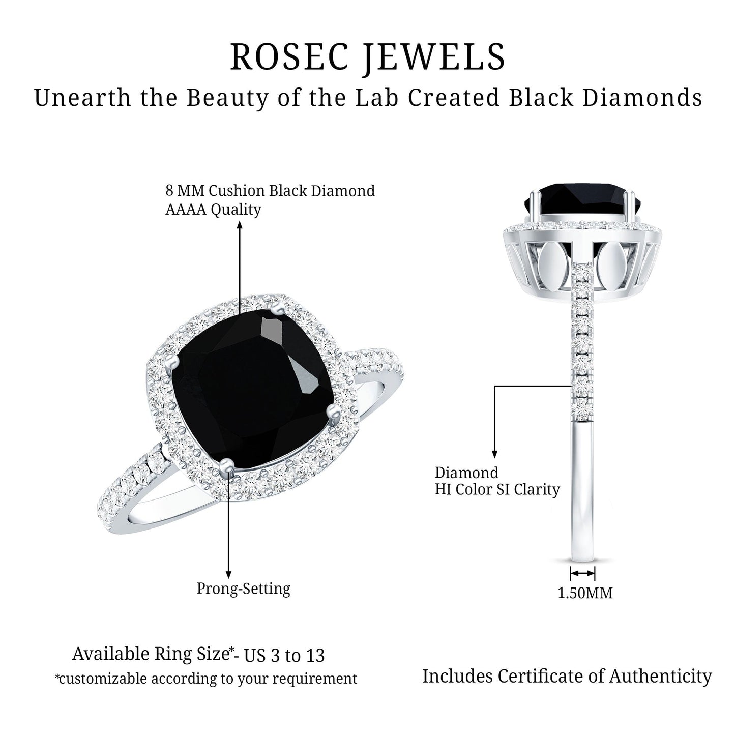 2.8 Carat Lab Grown Black Diamond Cushion Cut Engagement Ring with White Diamond Halo