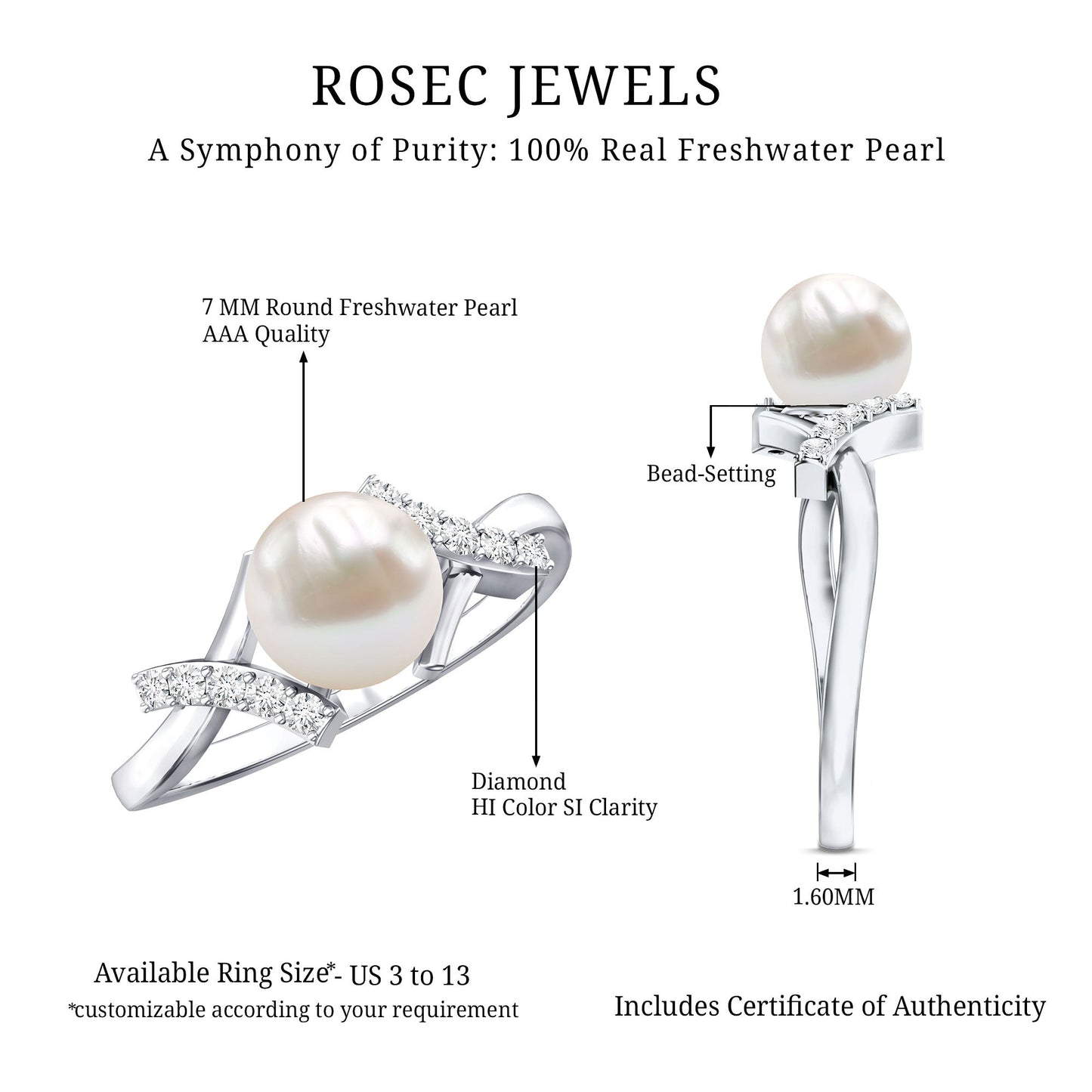 Freshwater Pearl Solitaire Crossover Engagement Ring with Diamond