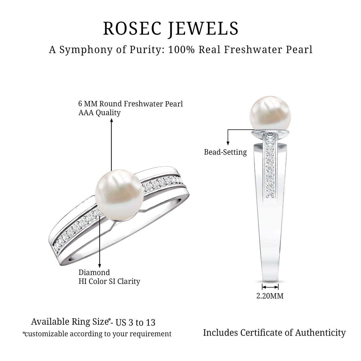 2 Carat Freshwater Pearl Engagement Ring with Diamond for Women