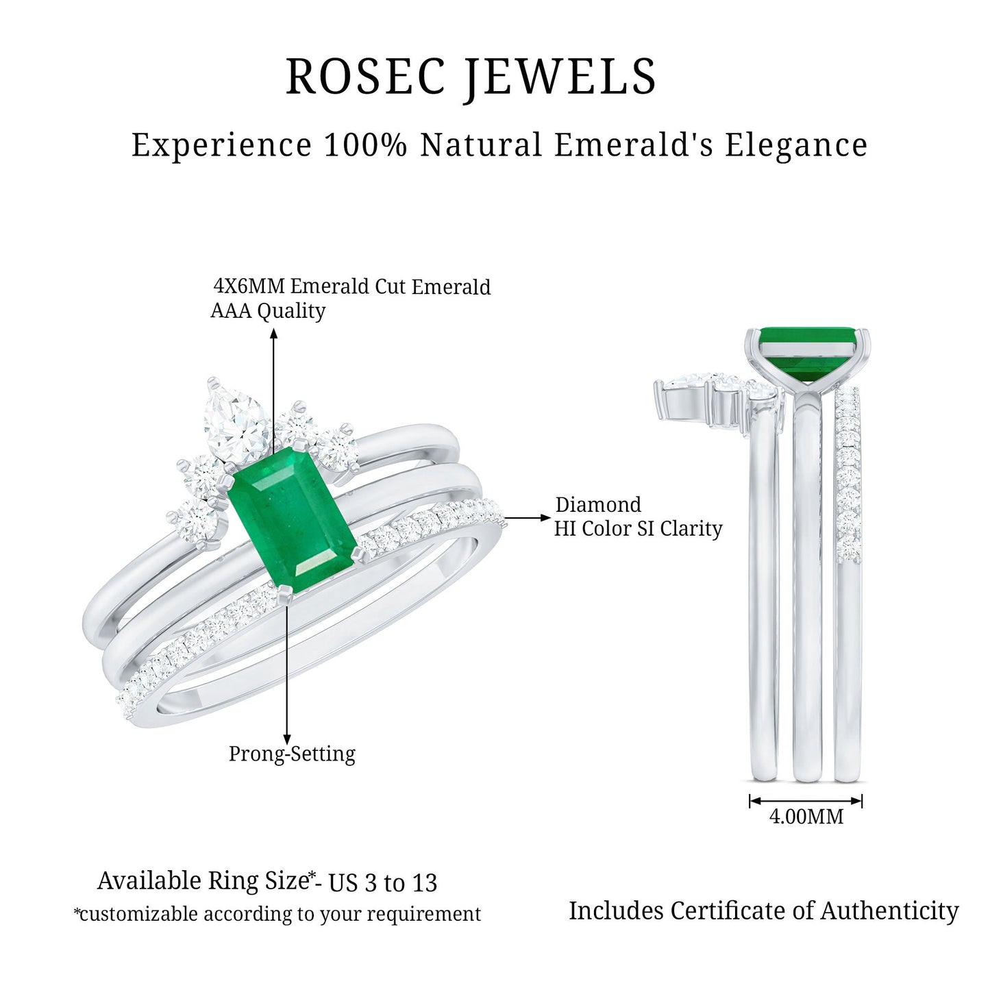 0.6 Carat Natural Emerald Cut Emerald Diamond Bridal Ring Set of 3