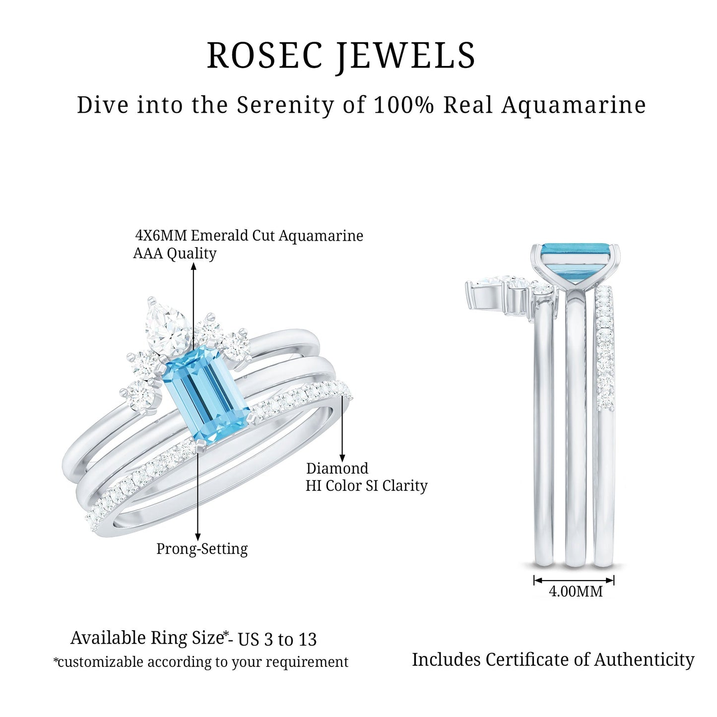 Emerald Cut 0.6 Carat Aquamarine Solitaire Ring Set of 3 with Diamond