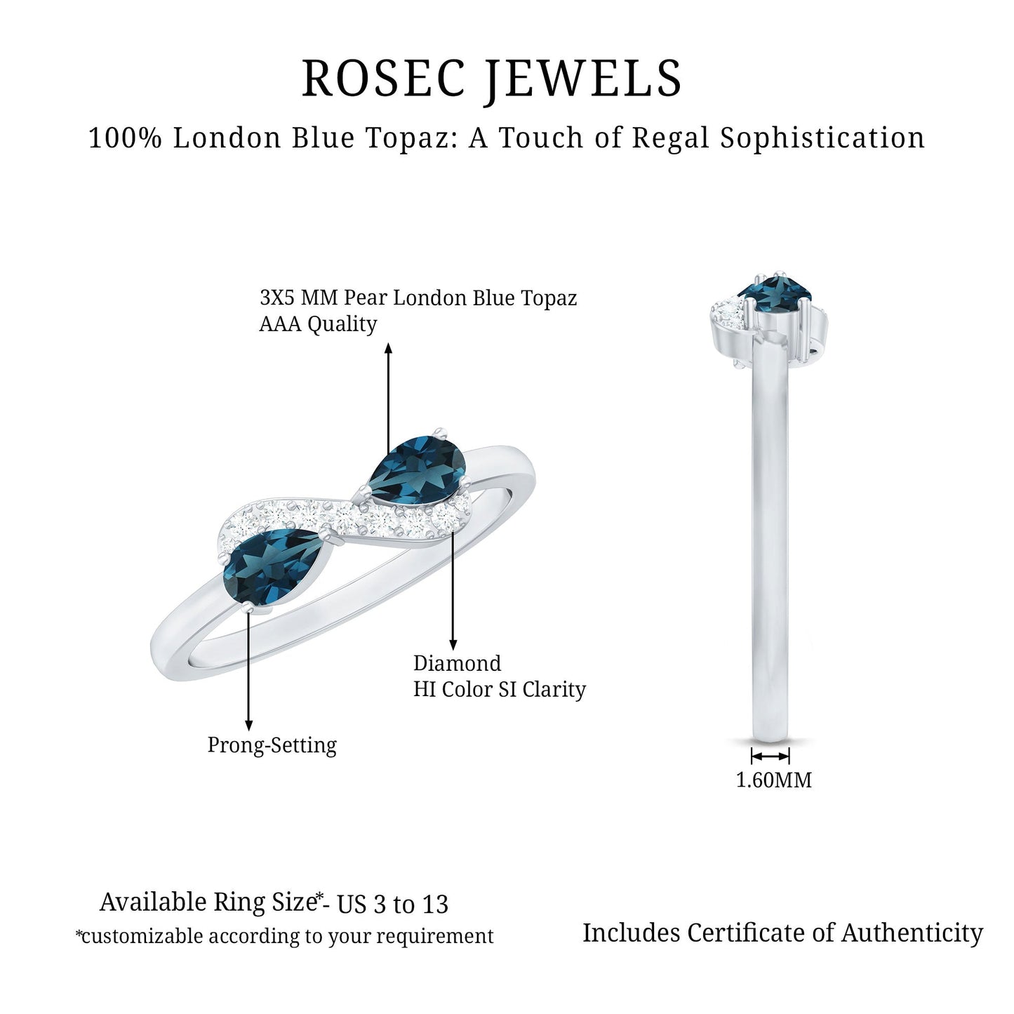 Pear Shape London Blue Topaz Infinity Promise Ring with Diamond