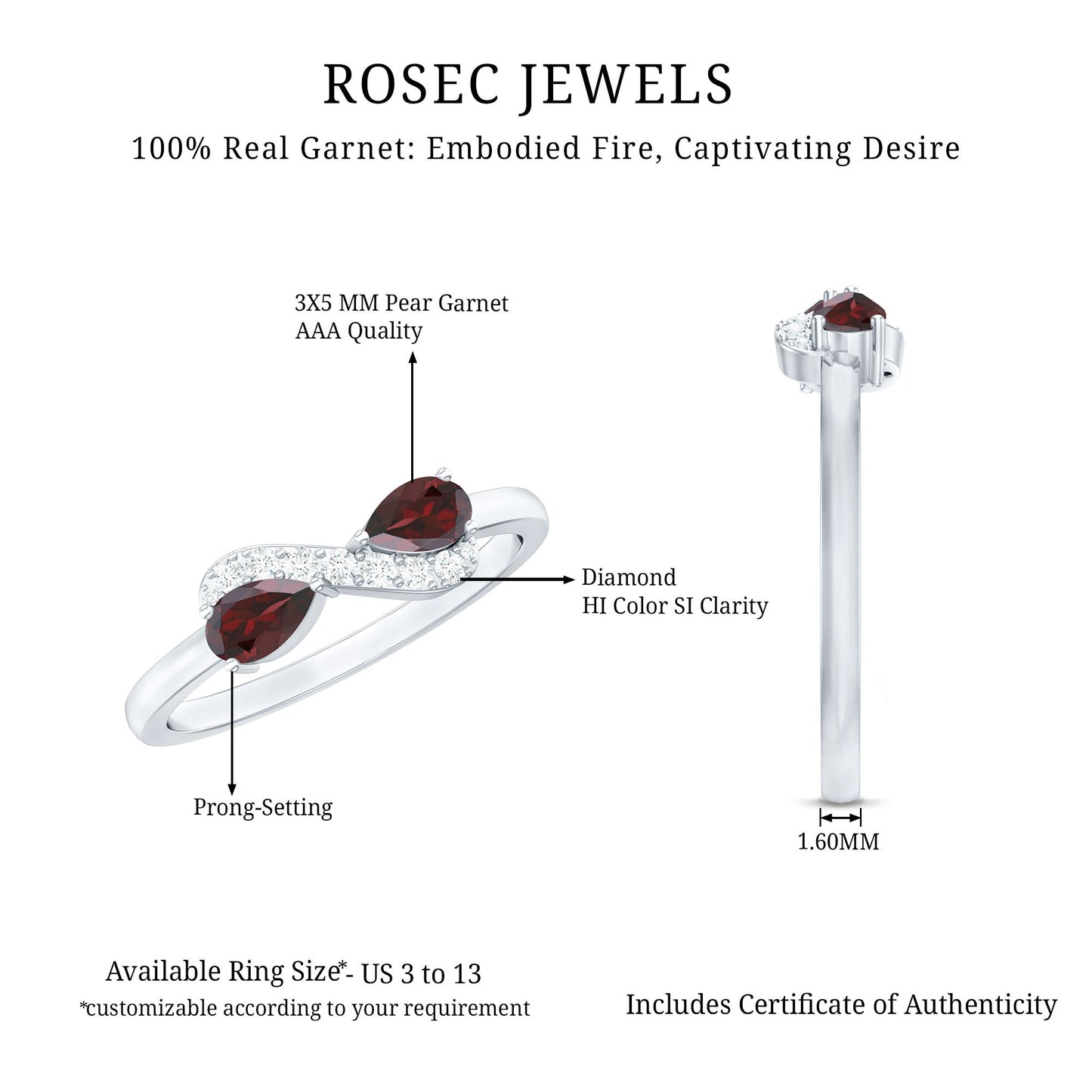 Real Garnet 2 Stone Infinity Promise Ring with Diamond