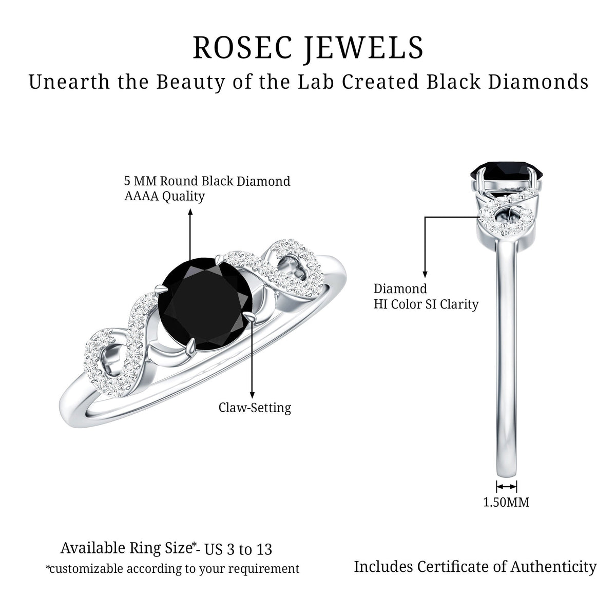 Lab Grown Black Diamond with White Diamond Infinity Engagement Ring