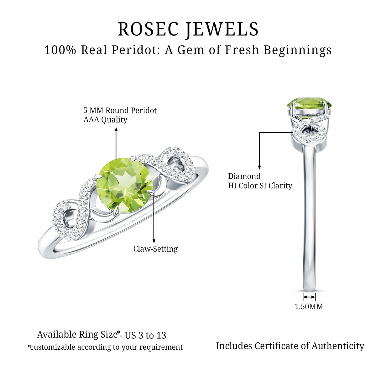 Half Carat Peridot Promise Ring with Diamond Infinity Knot