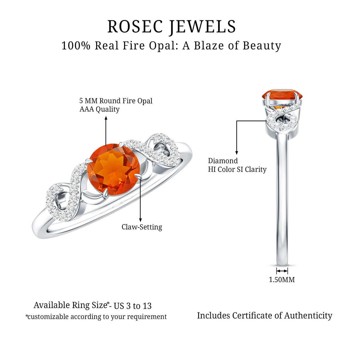 Round Shape Solitaire Fire Opal Infinity Engagement Ring with Diamond