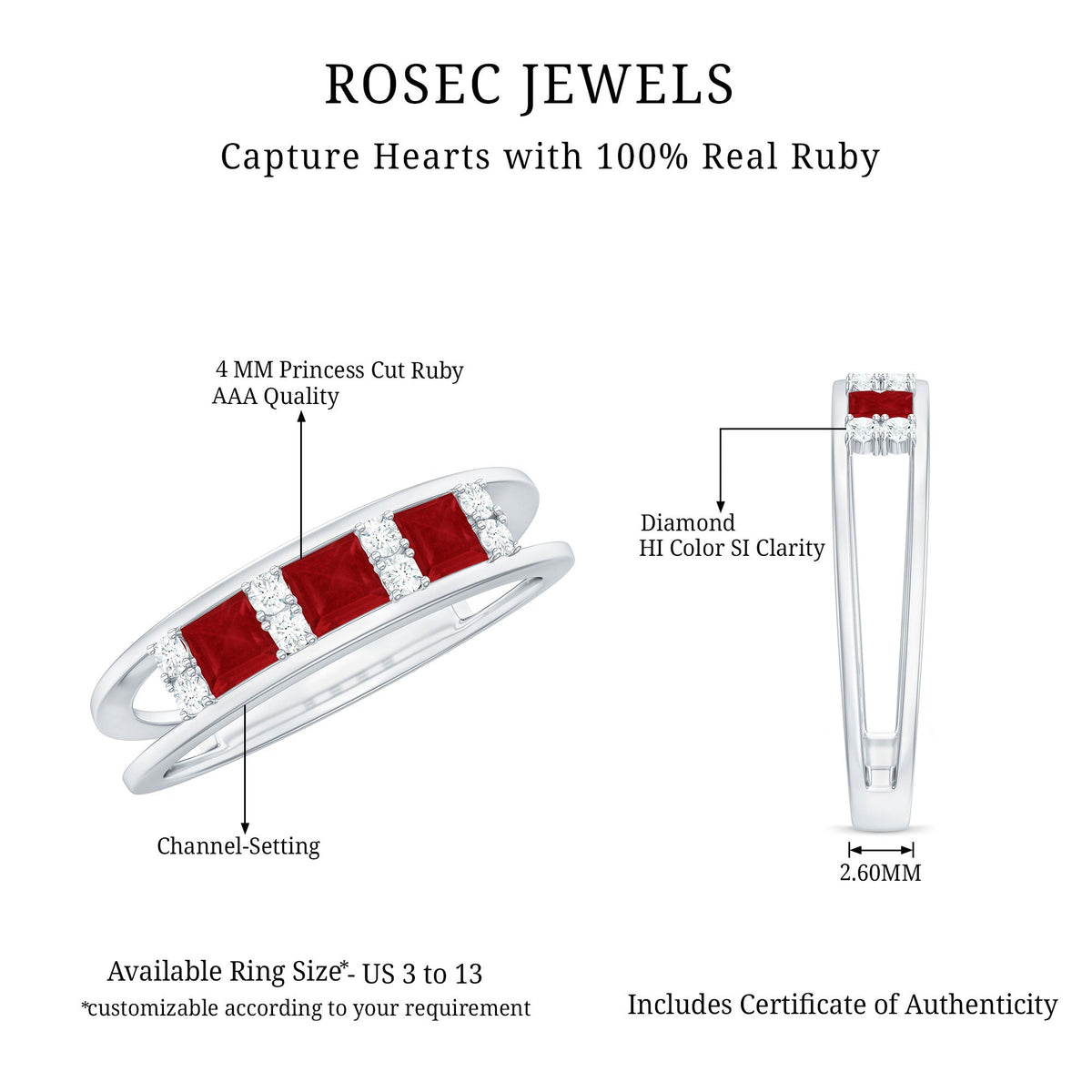 Natural Princess Cut Ruby and Diamond Double Band Ring