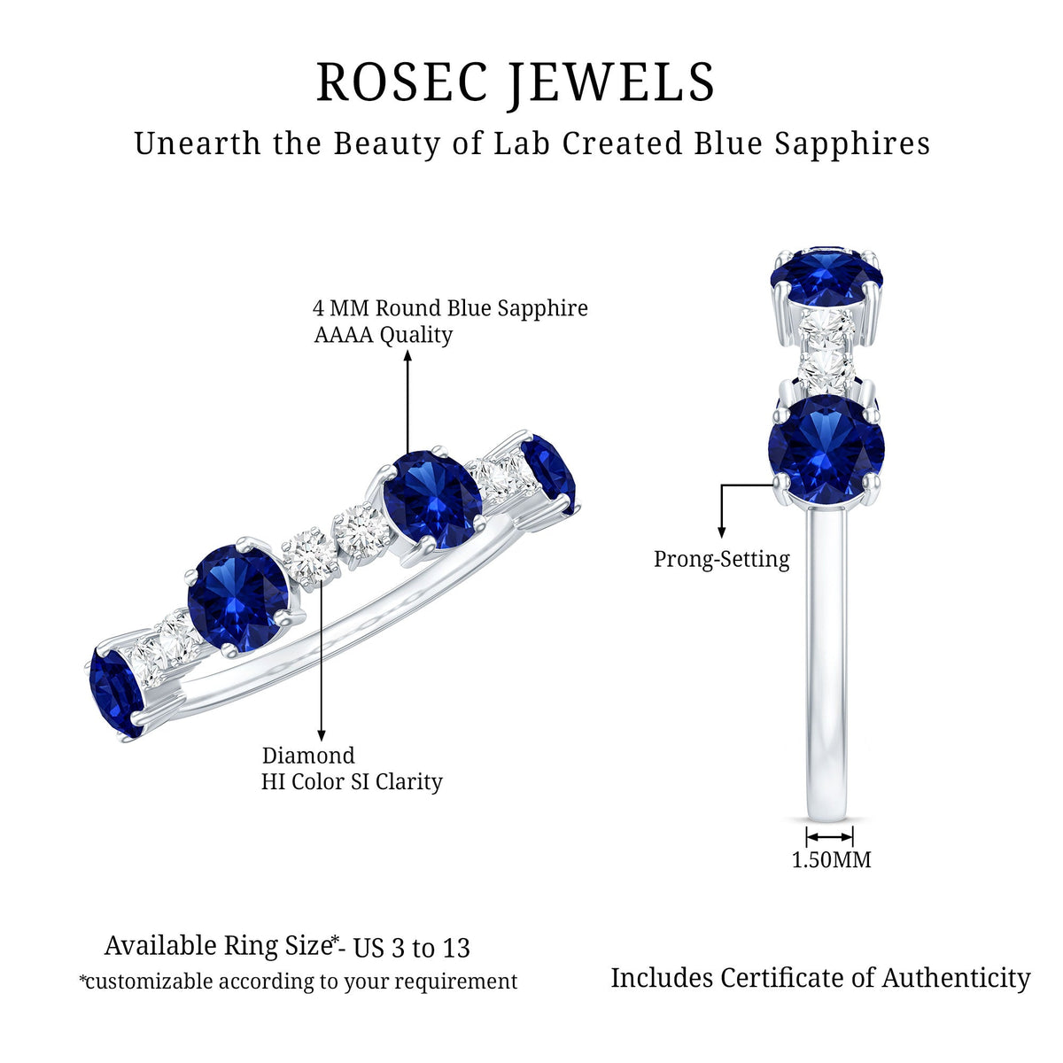 Certified Lab Grown Blue Sapphire Half Eternity Anniversary Ring with Diamond
