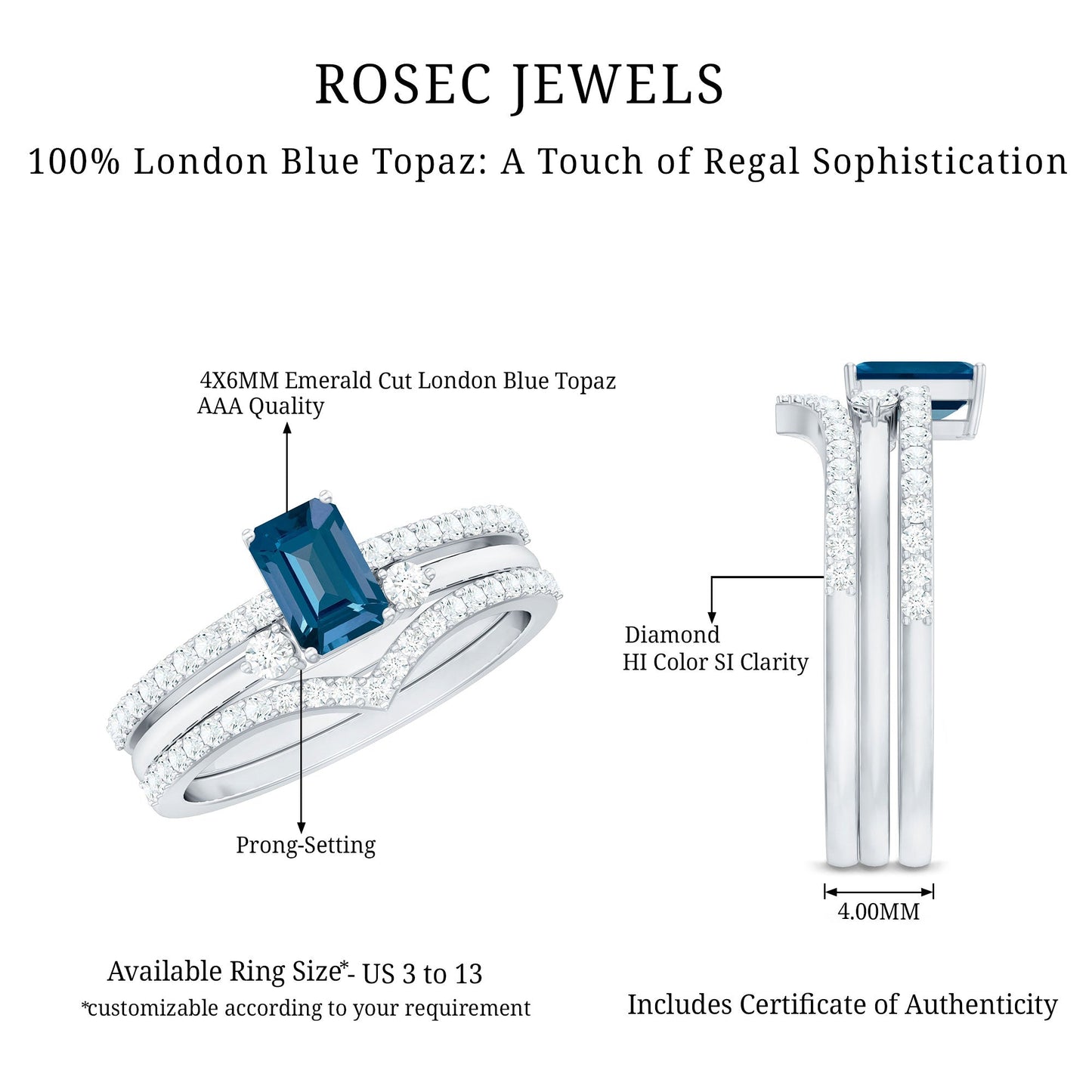 0.7 Carat Emerald Cut London Blue Topaz Curved Wedding Ring Set with Certificate