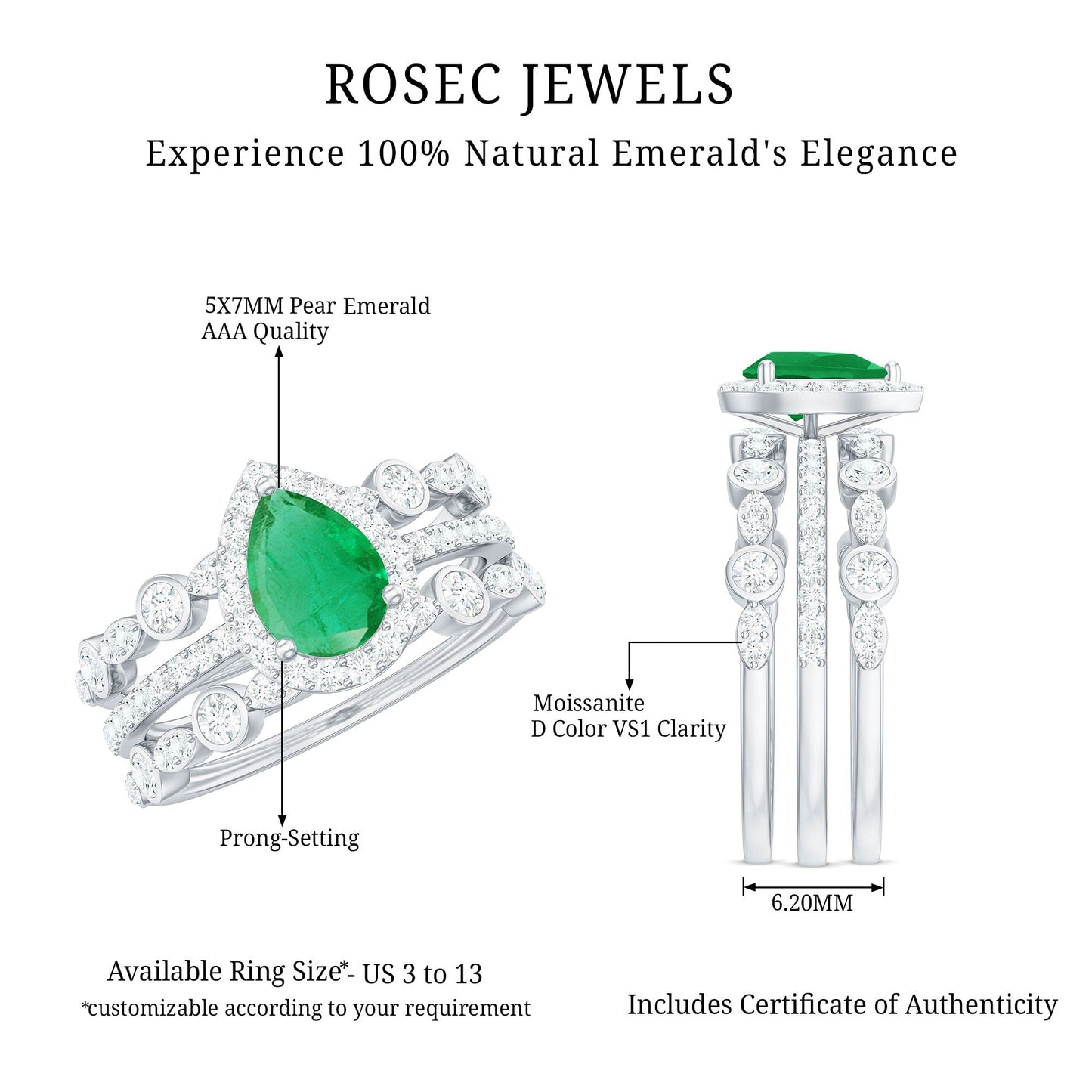 Natural 0.6 Carat Emerald Teardrop Engagement Ring and Wedding Band Set of 3