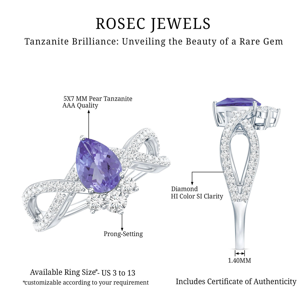 Certified Real Tanzanite Engagement Ring with Diamond Crossover Shank