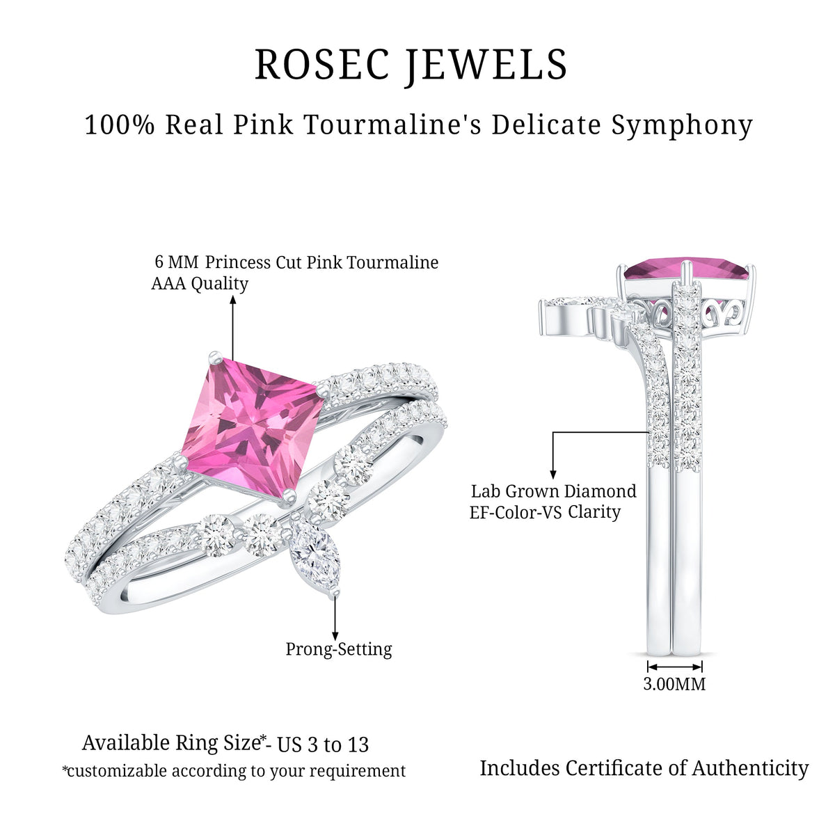 1 Carat Princess Cut Pink Tourmaline Wedding Ring Set with Diamonds