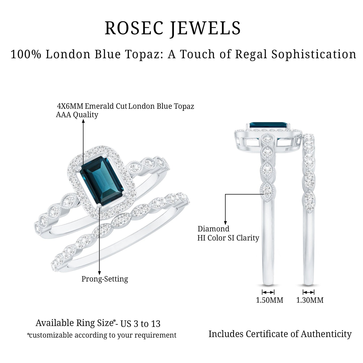 London Blue Topaz and Diamond Vintage Inspired Wedding Ring Set