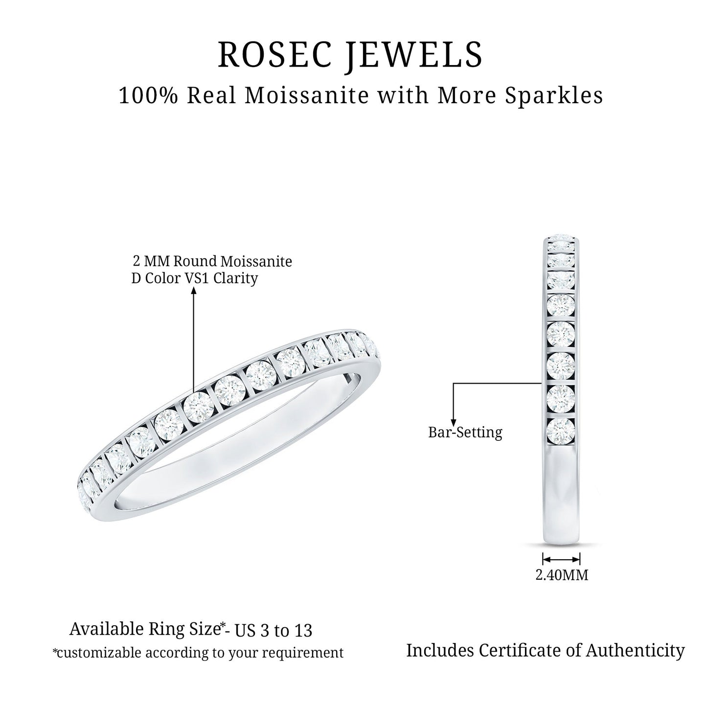 Bar Set Moissanite Half Eternity Band For Women