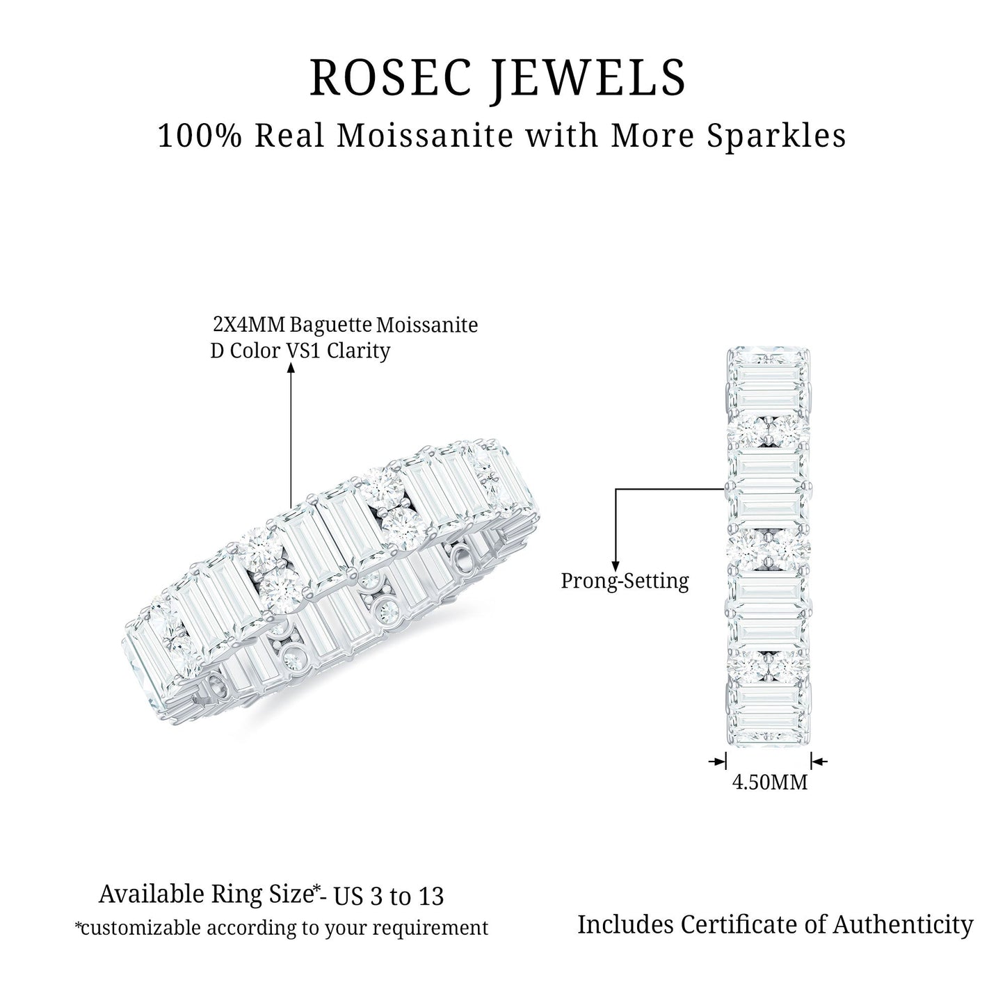 Round and Baguette Cut Moissanite Eternity Wedding Band