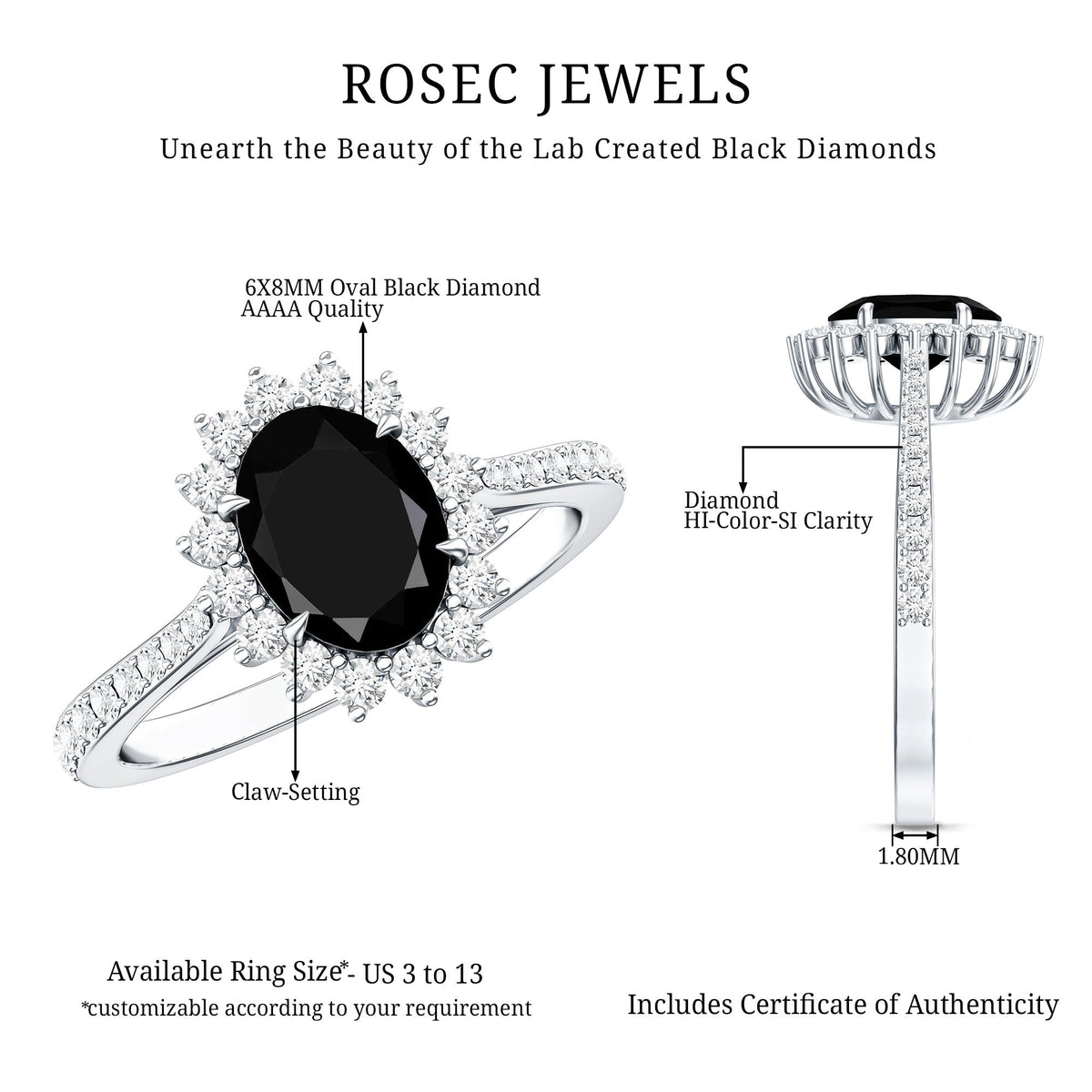 Certified 1.9 Carat Lab Grown Black Diamond Oval Engagement Ring with White Diamond