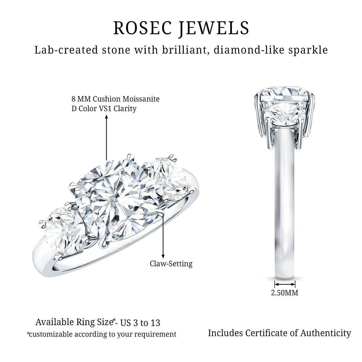 Three Stone Moissanite Engagement Ring with Certificate