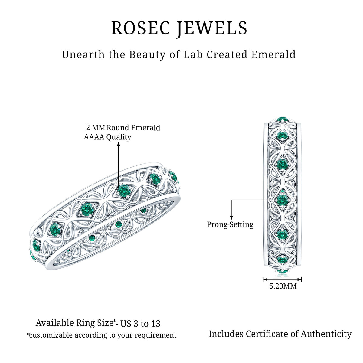 Vintage Looking Lab Grown Emerald Wedding Band for Women