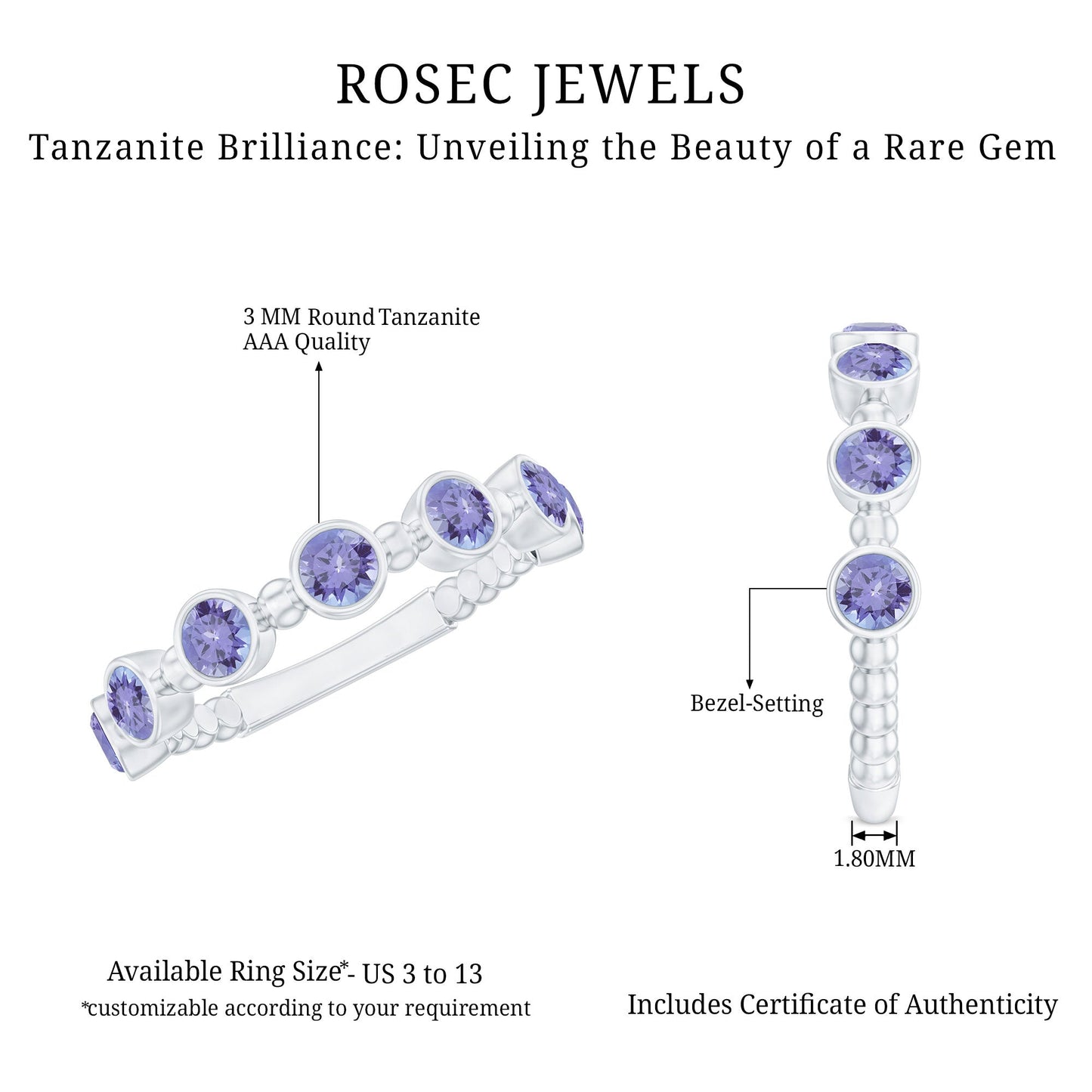 Natural Tanzanite Half Eternity Ring in Bezel Setting