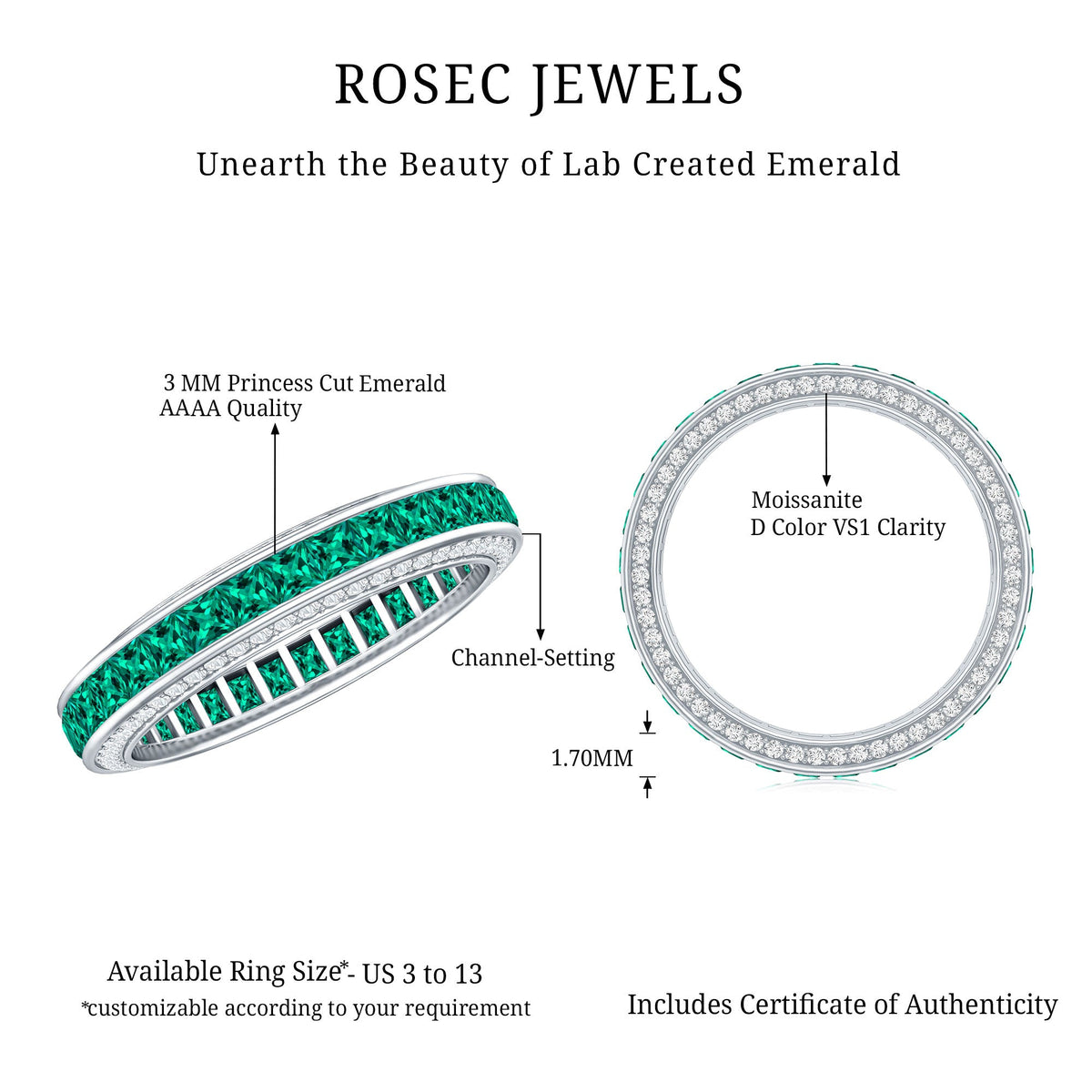 Certified Princess Cut Lab Grown Emerald Eternity Wedding Band in Channel Setting